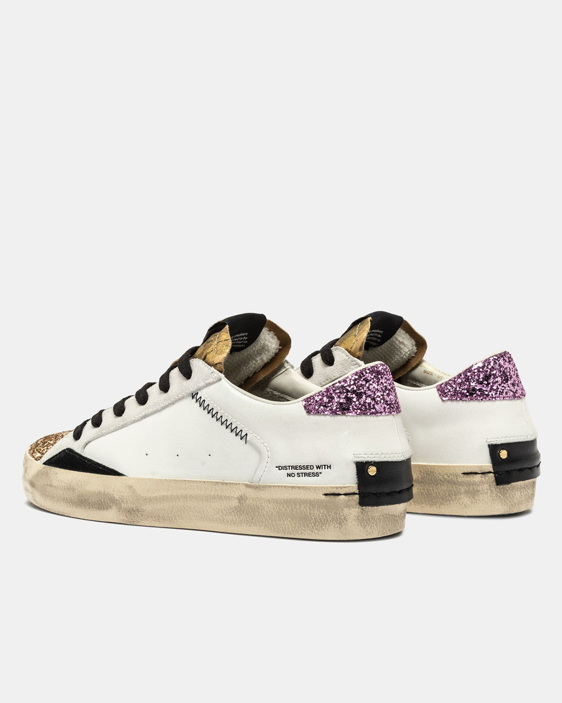 Crime London trainers with purple glitter heel tabs and distressed beige sole