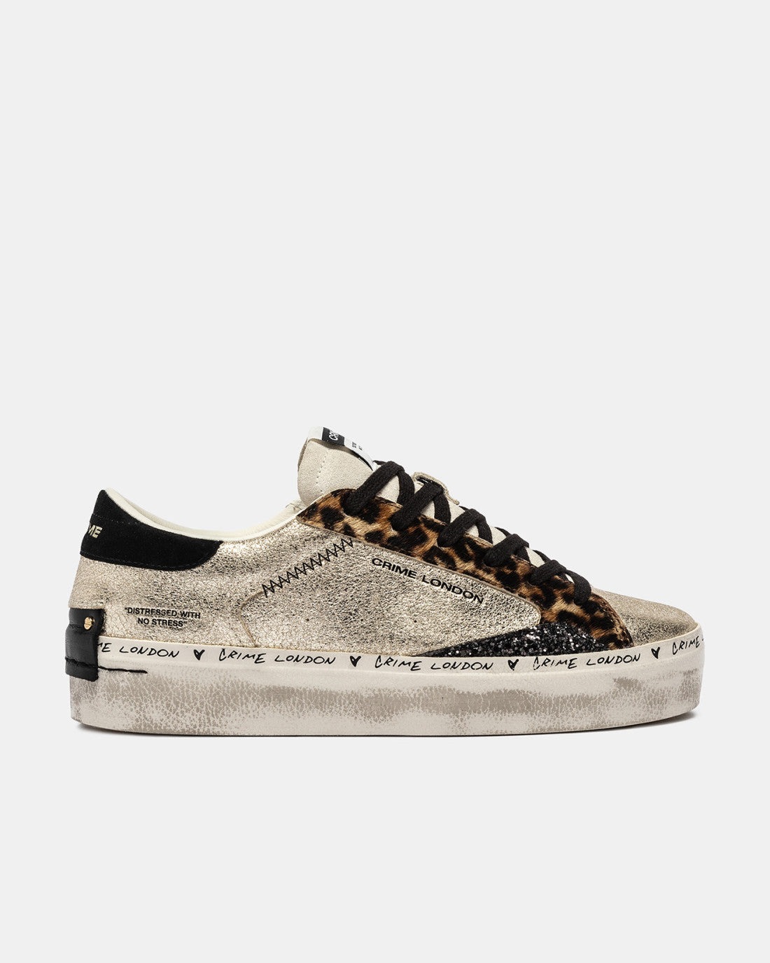 Crime London Distressed Like Honey funky designer gold and leopard print trainers