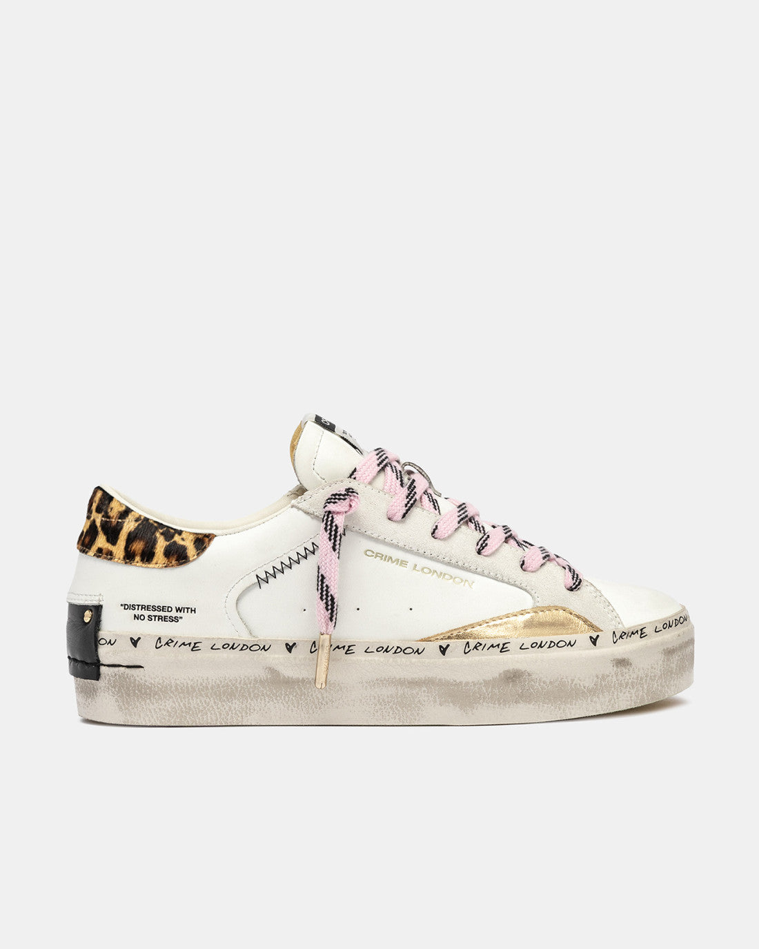 Crime London white cheetah trainers with pink laces and vintage sole