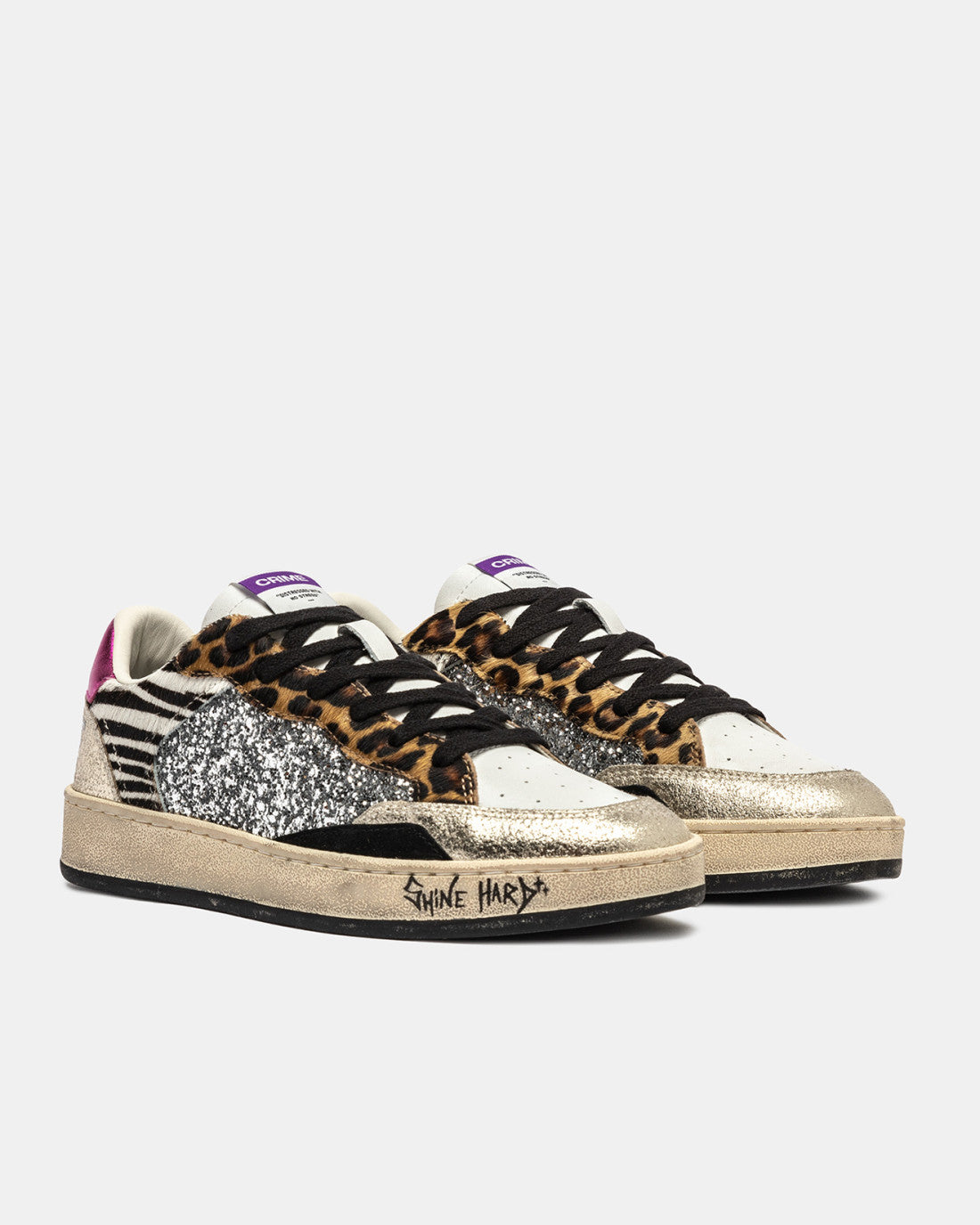 Crime London Jungle Fever glitter and zebra print trainers