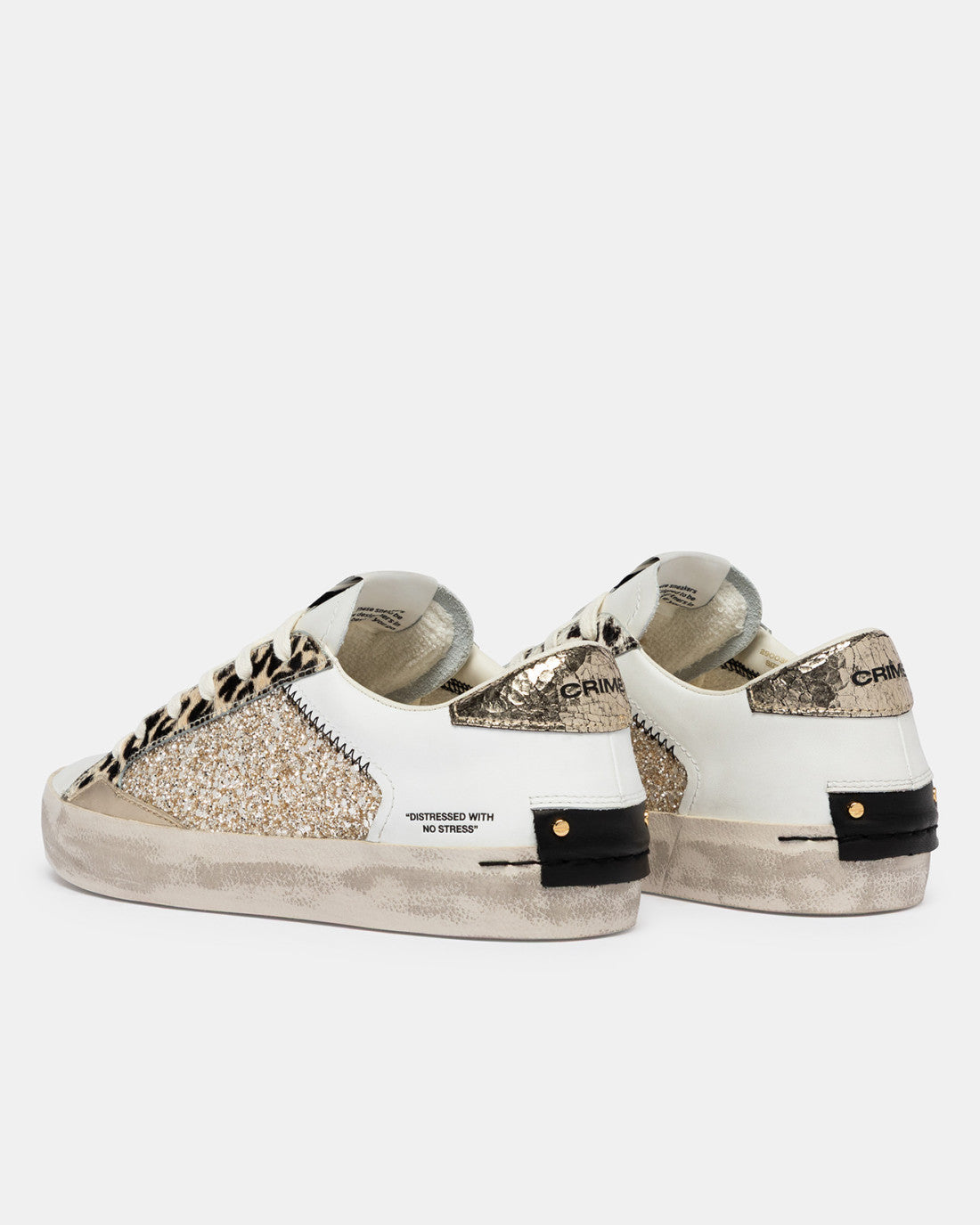 Crime London glitter panel trainers platinum heel detail