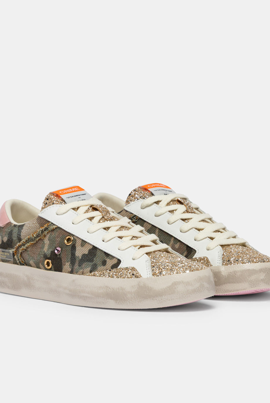 Crime London Flash camo distressed trainers pair view