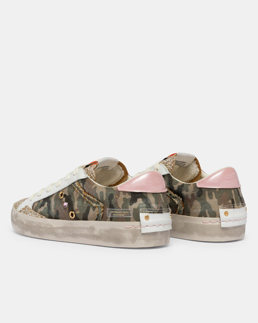 Crime London Flash camo trainers pink heel tab back view