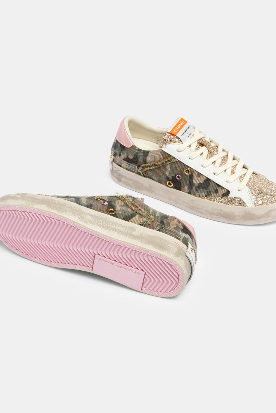 Crime London camouflage trainers pink rubber sole detail