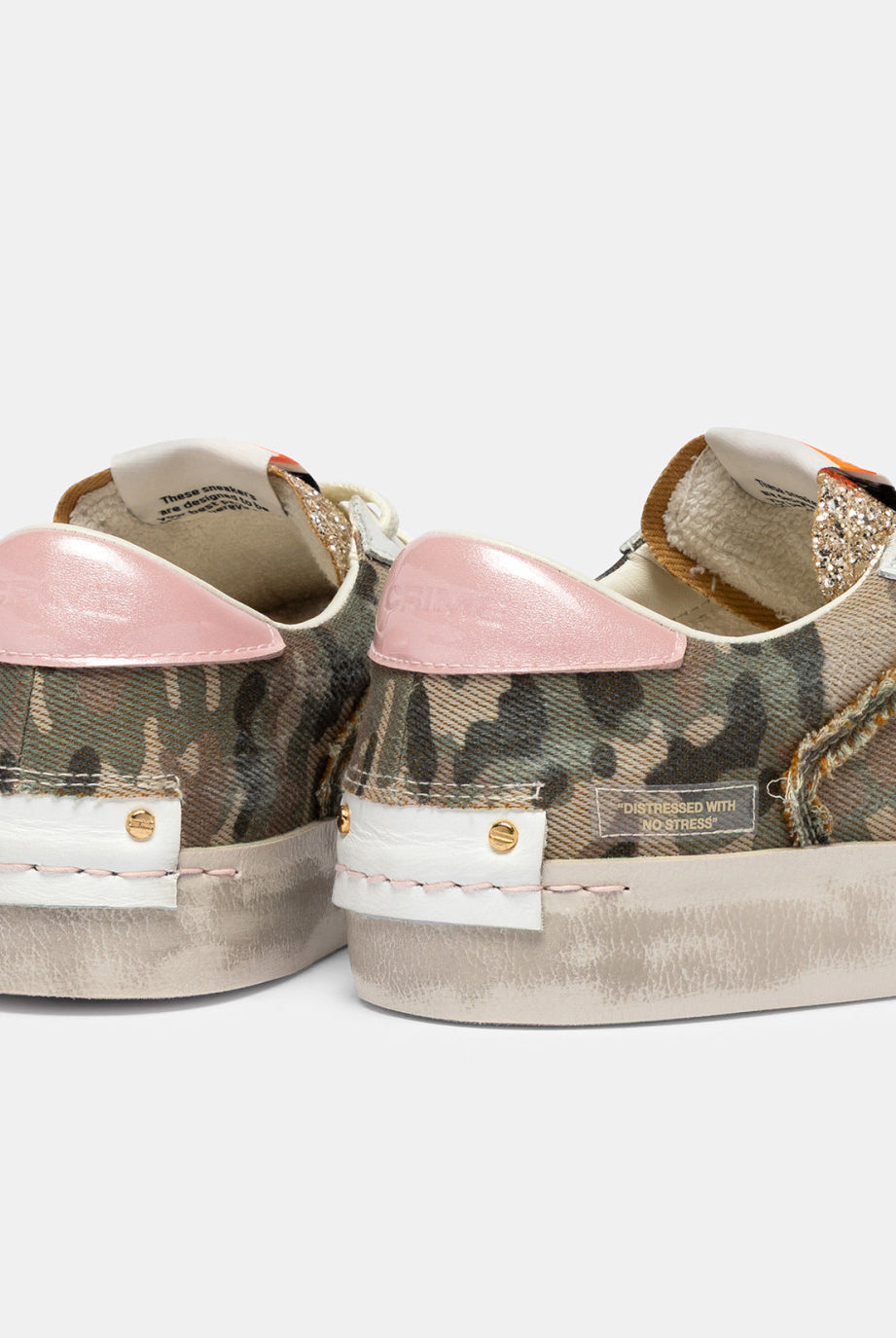 Crime London camo distressed trainers heel detail