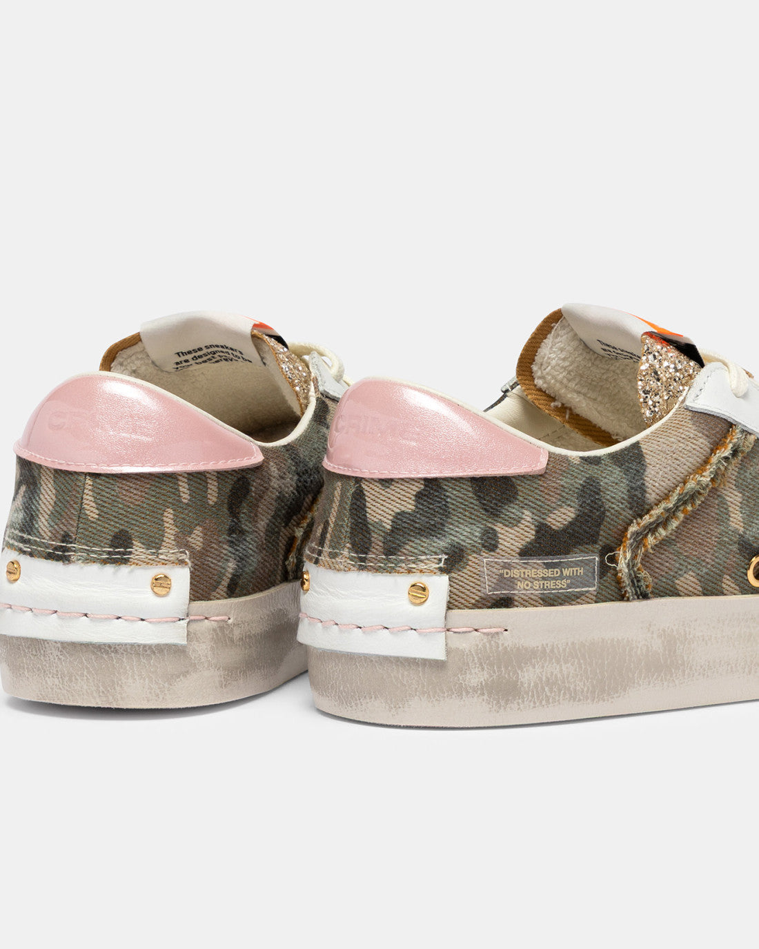 Crime London camo distressed trainers heel detail
