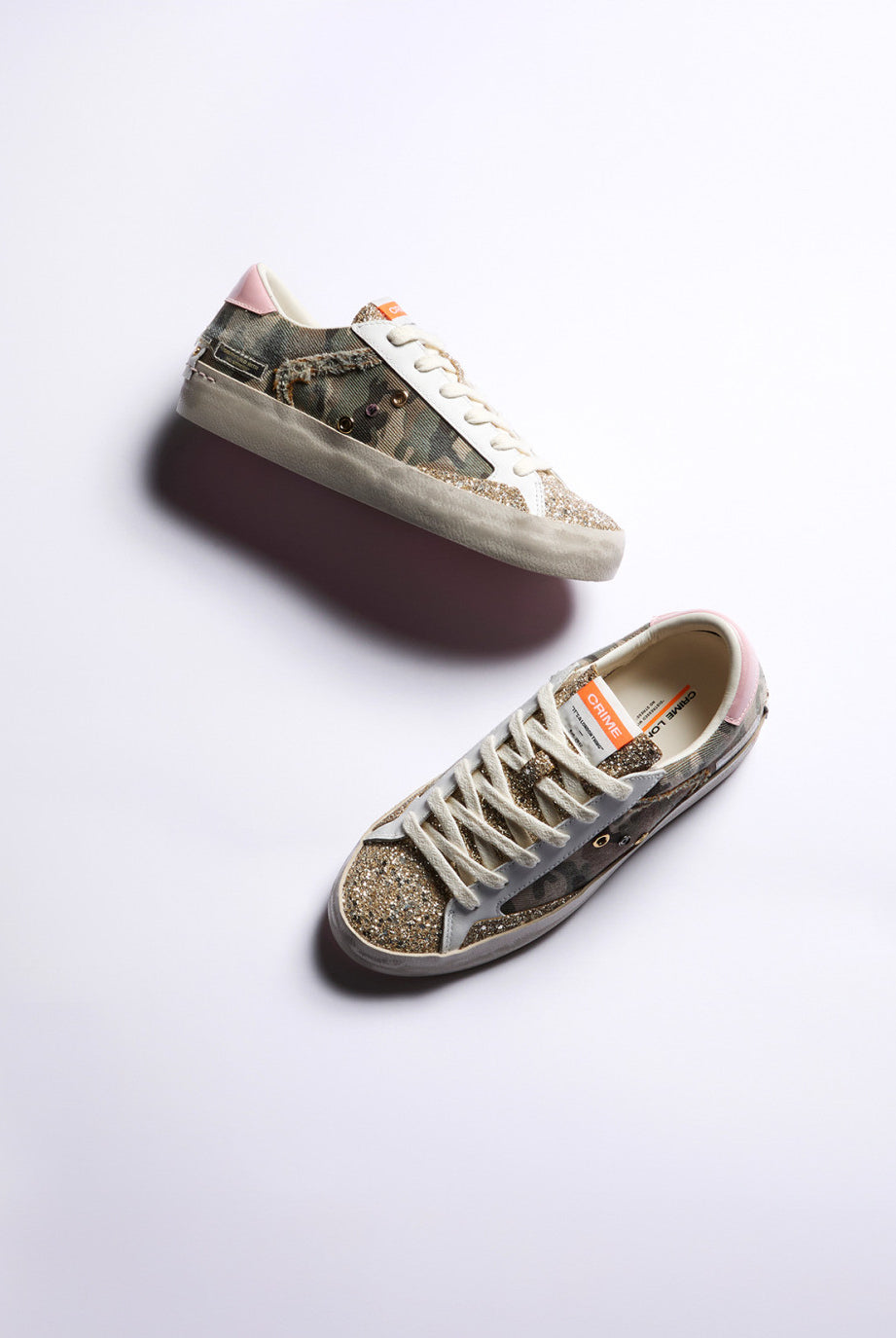 Crime London Flash camo distressed trainers angled view