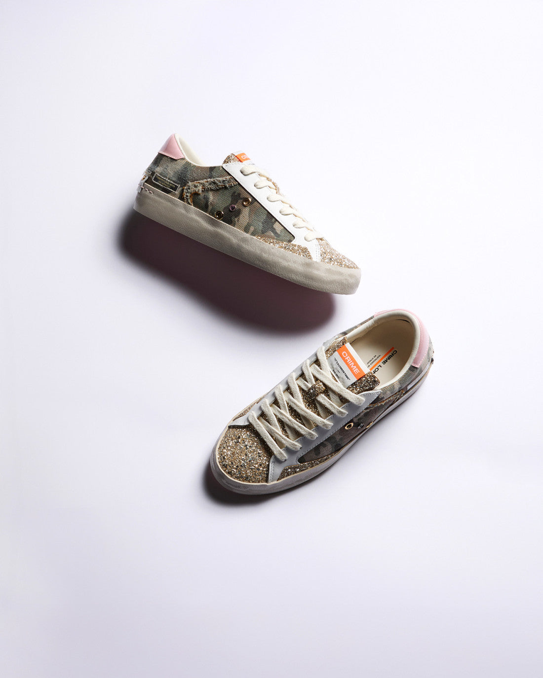 Crime London Flash camo distressed trainers angled view