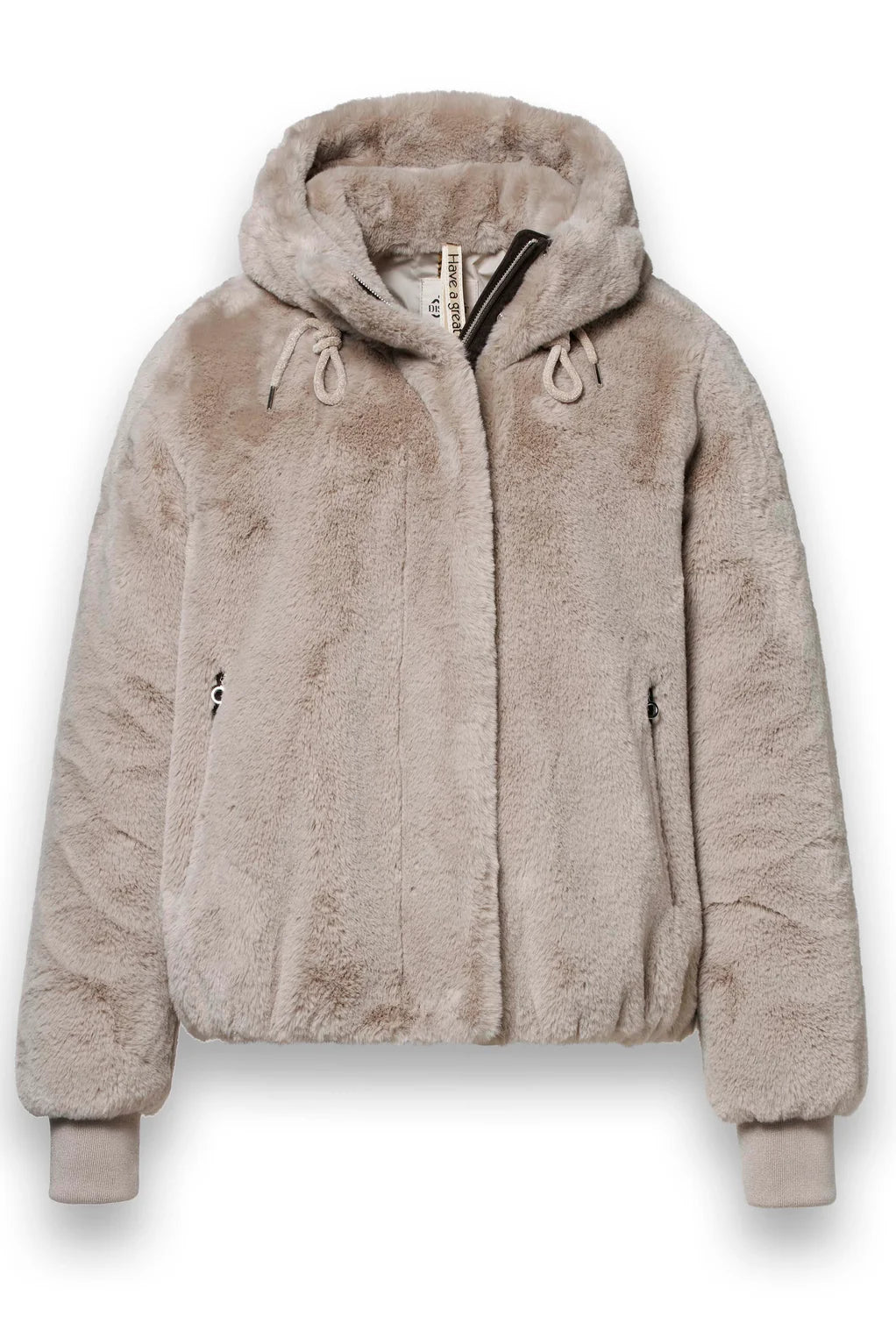 District Bonbon light sand faux fur hooded teddy bomber jacket – front product view
