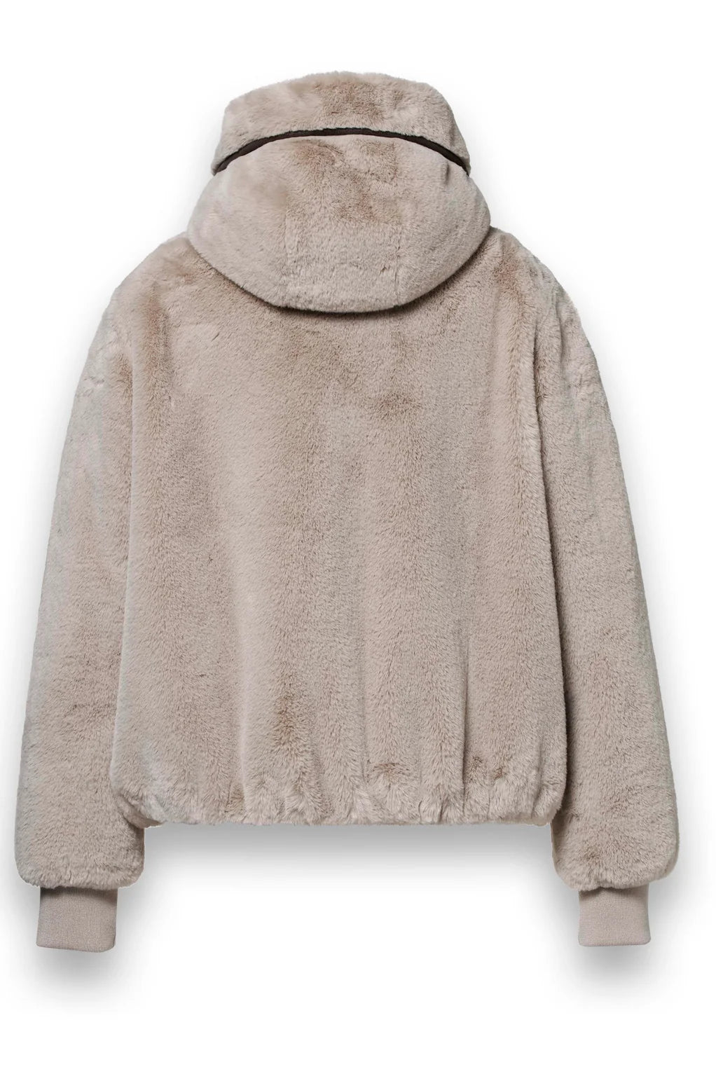 District Bonbon light sand faux fur bomber jacket with ribbed cuffs – rear view