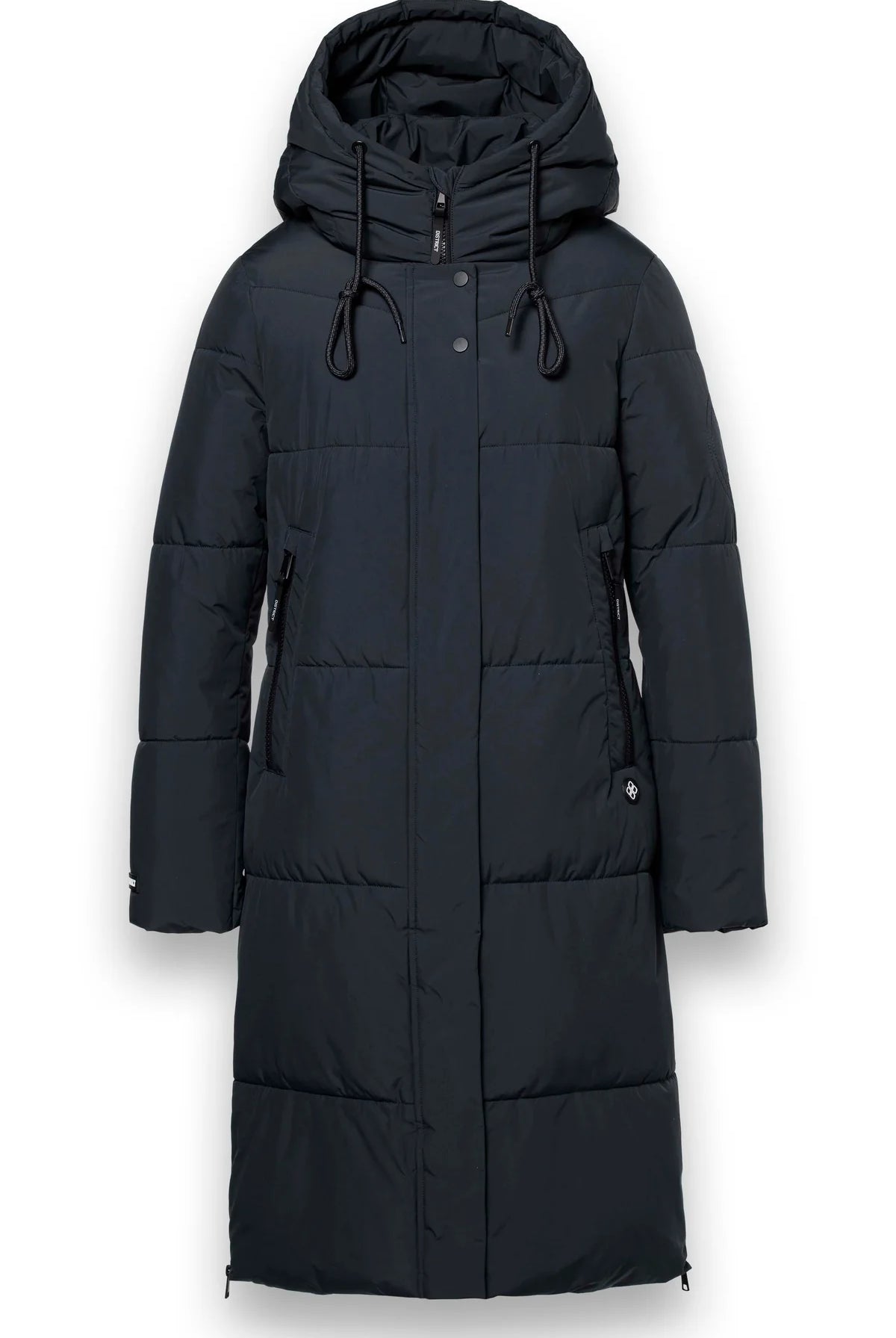 District Lungo long hooded padded coat showing adjustable hood and quilted panels
