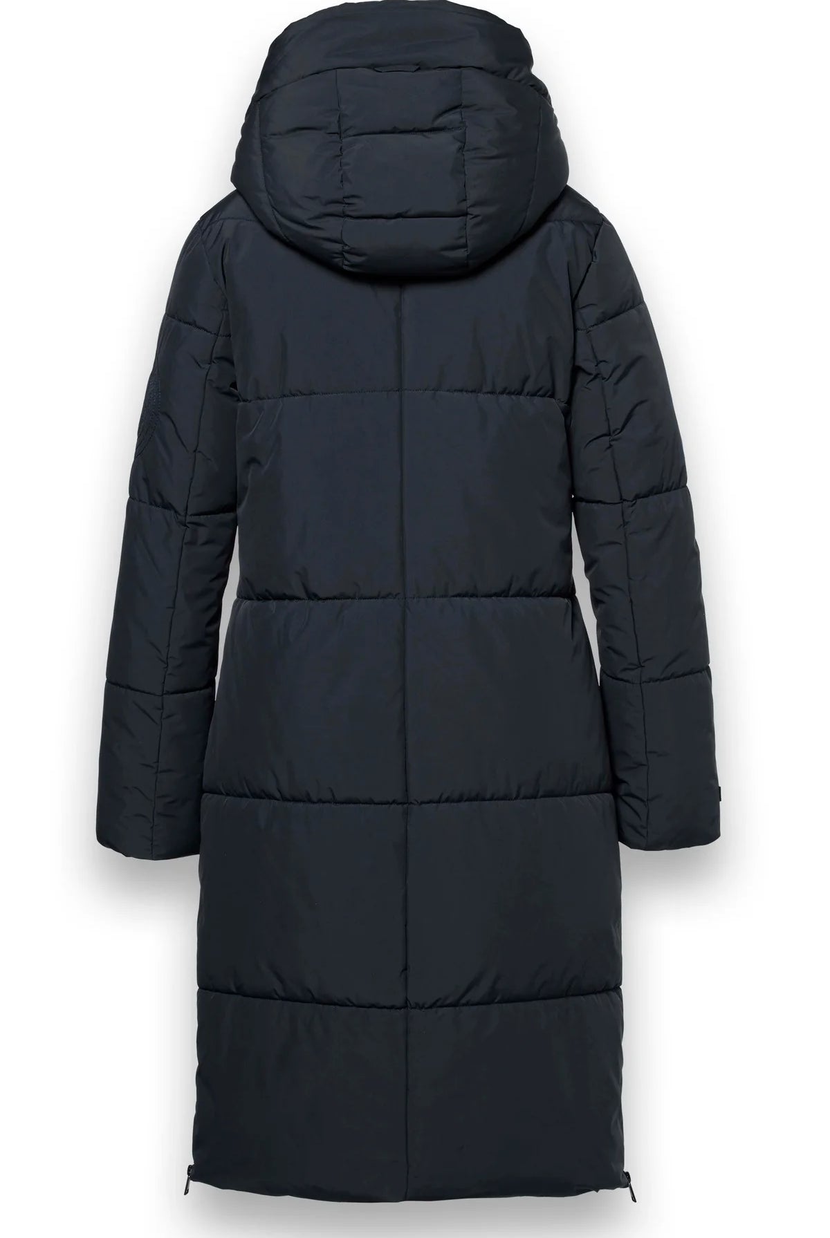 District Lungo long padded winter coat front view with hood and zip fastening