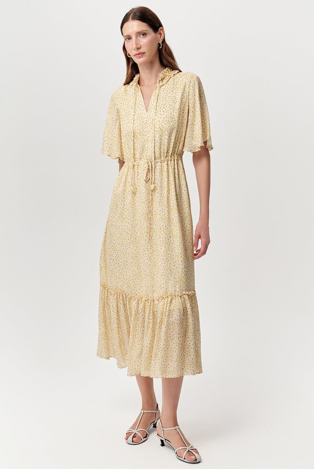 Exquise Douglas yellow tiered daisy midi dress