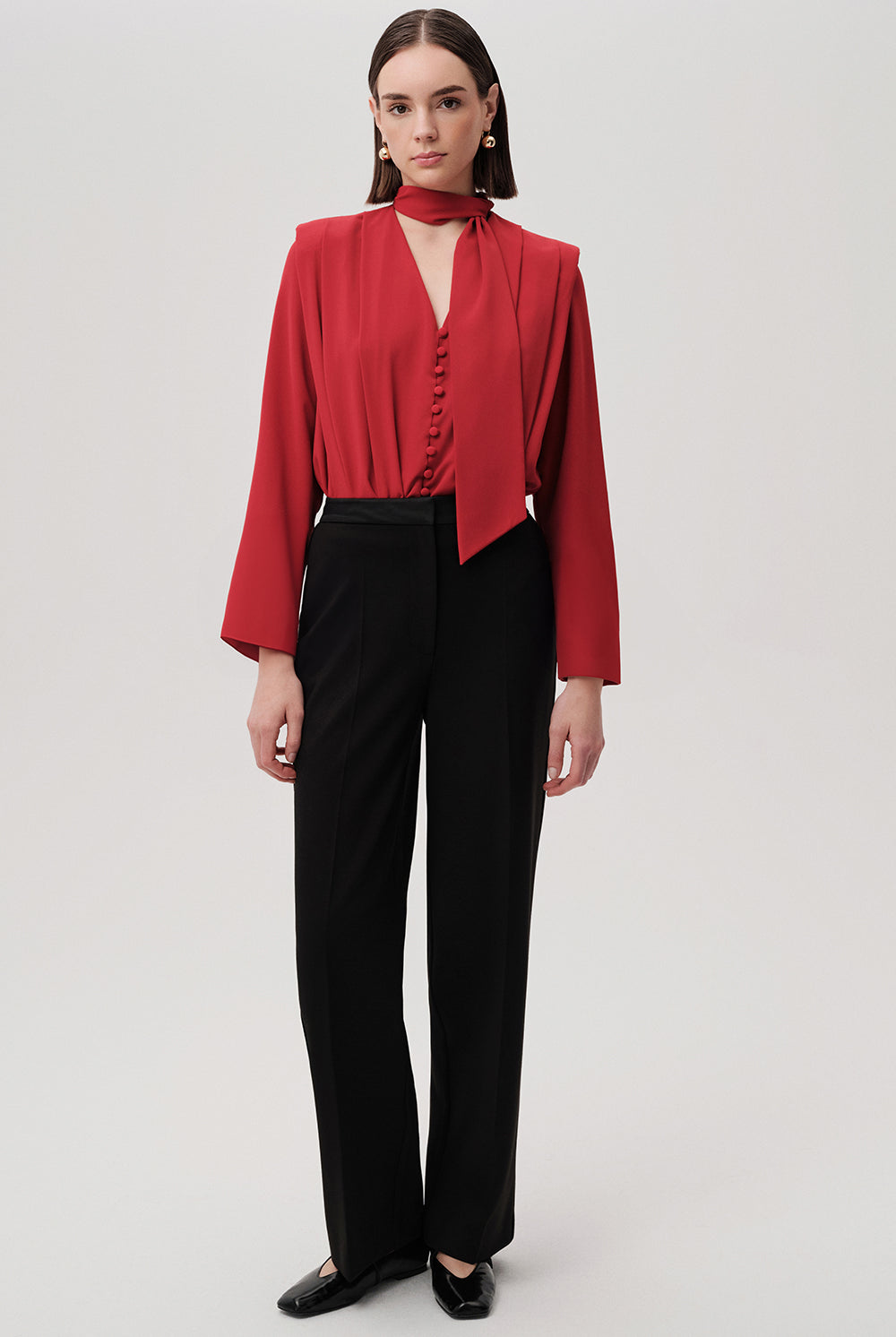 Exquise Ida Black Tailored Trousers – front view full length with satin trims