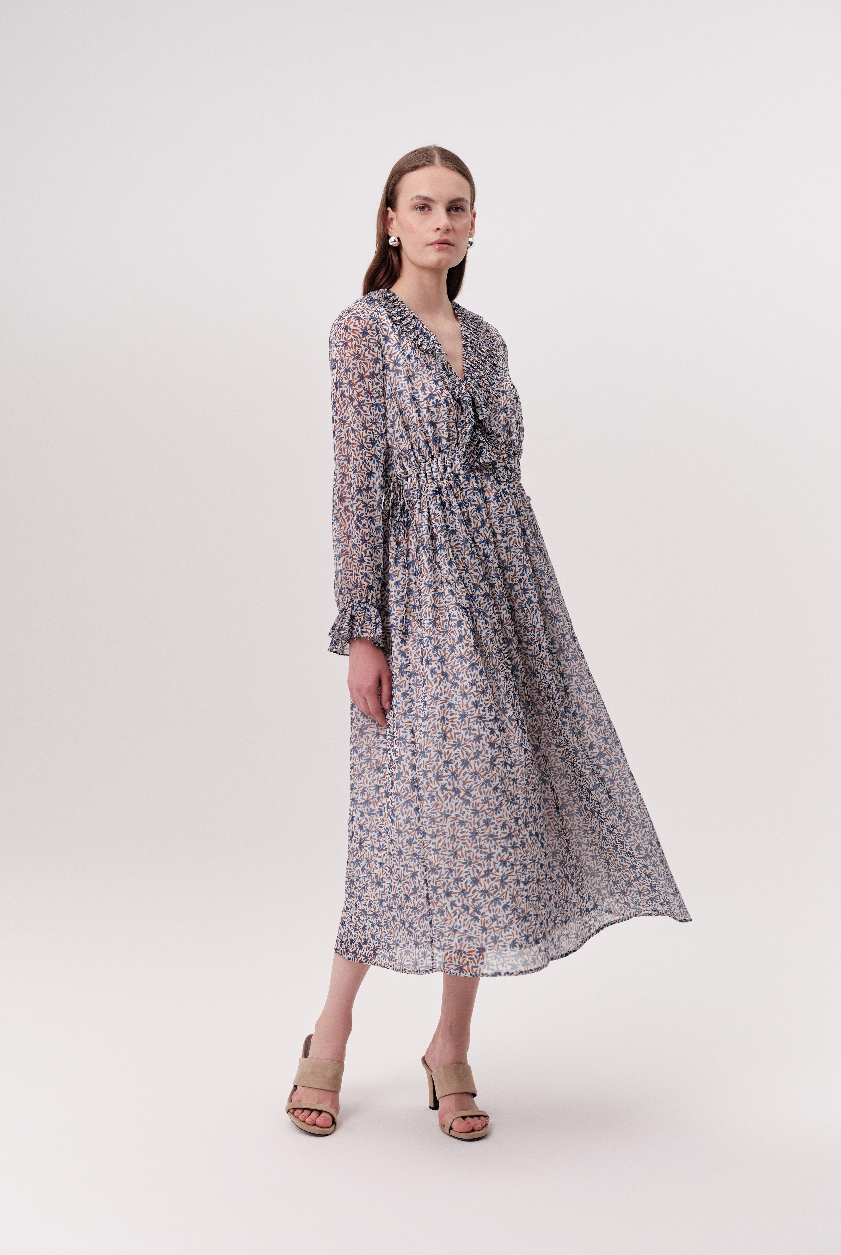 Exquise Katy long sleeve ruffle neck midi dress