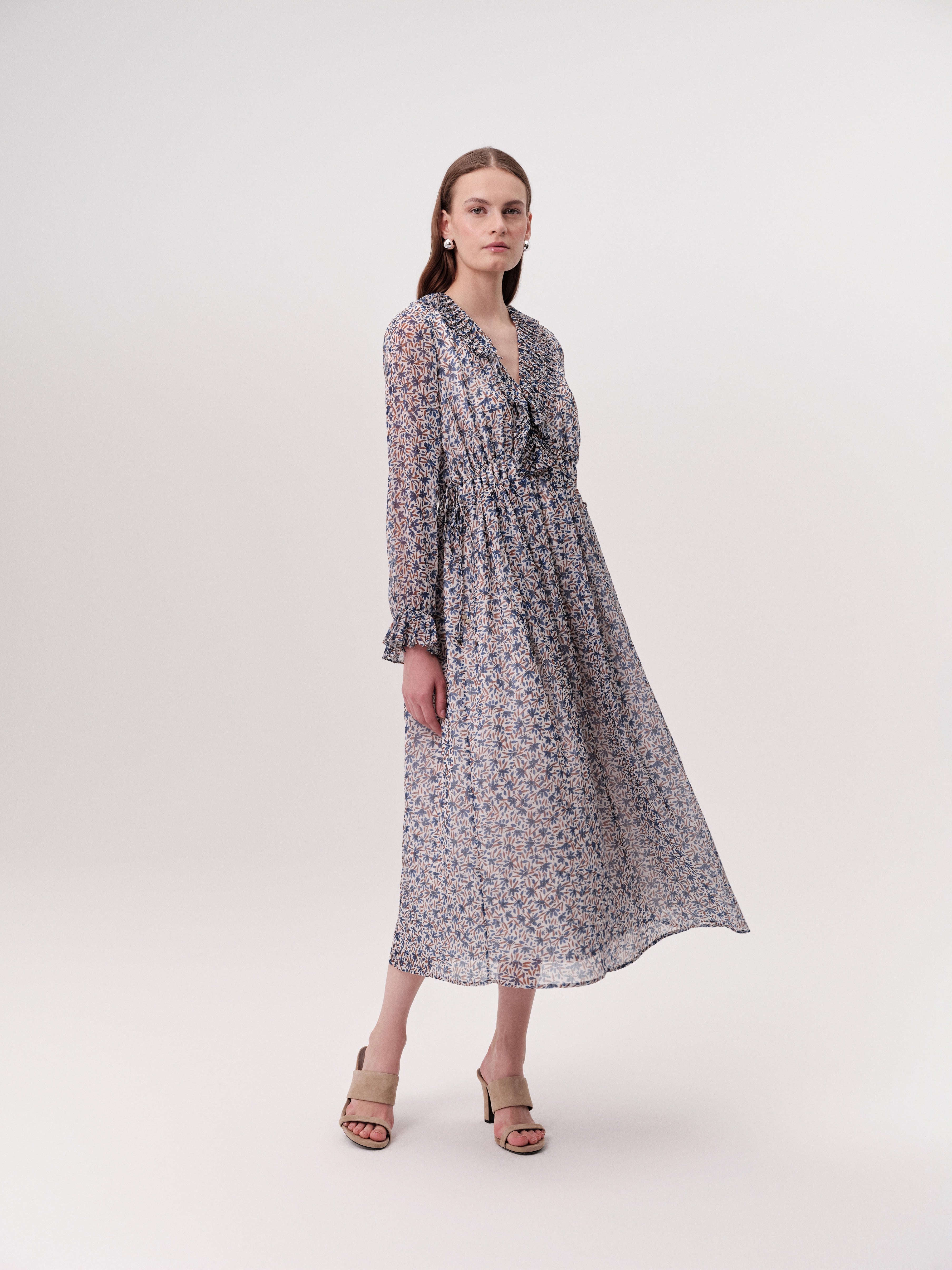 Exquise Katy long sleeve ruffle neck midi dress