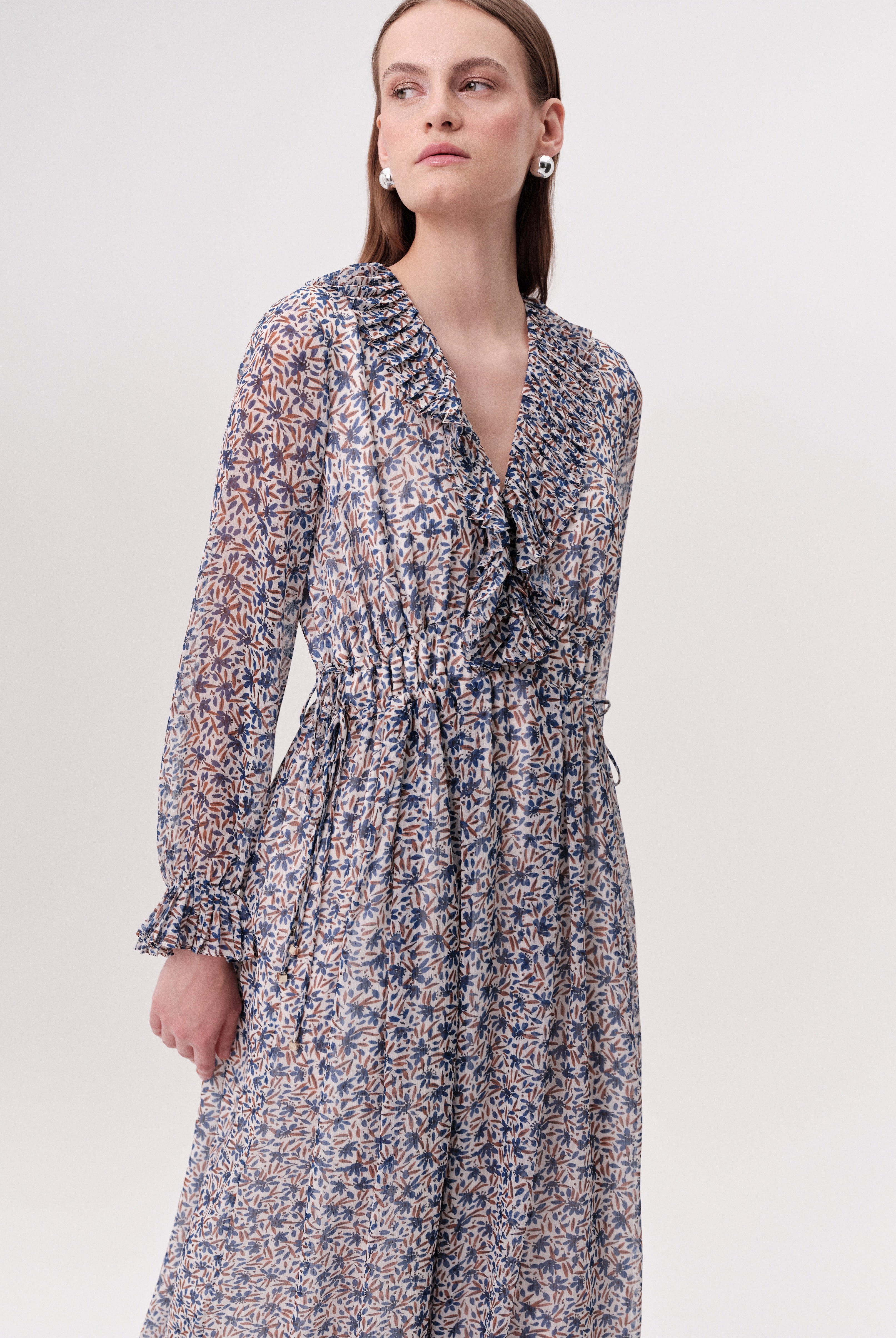 Exquise Katy long sleeve ruffle neck midi dress