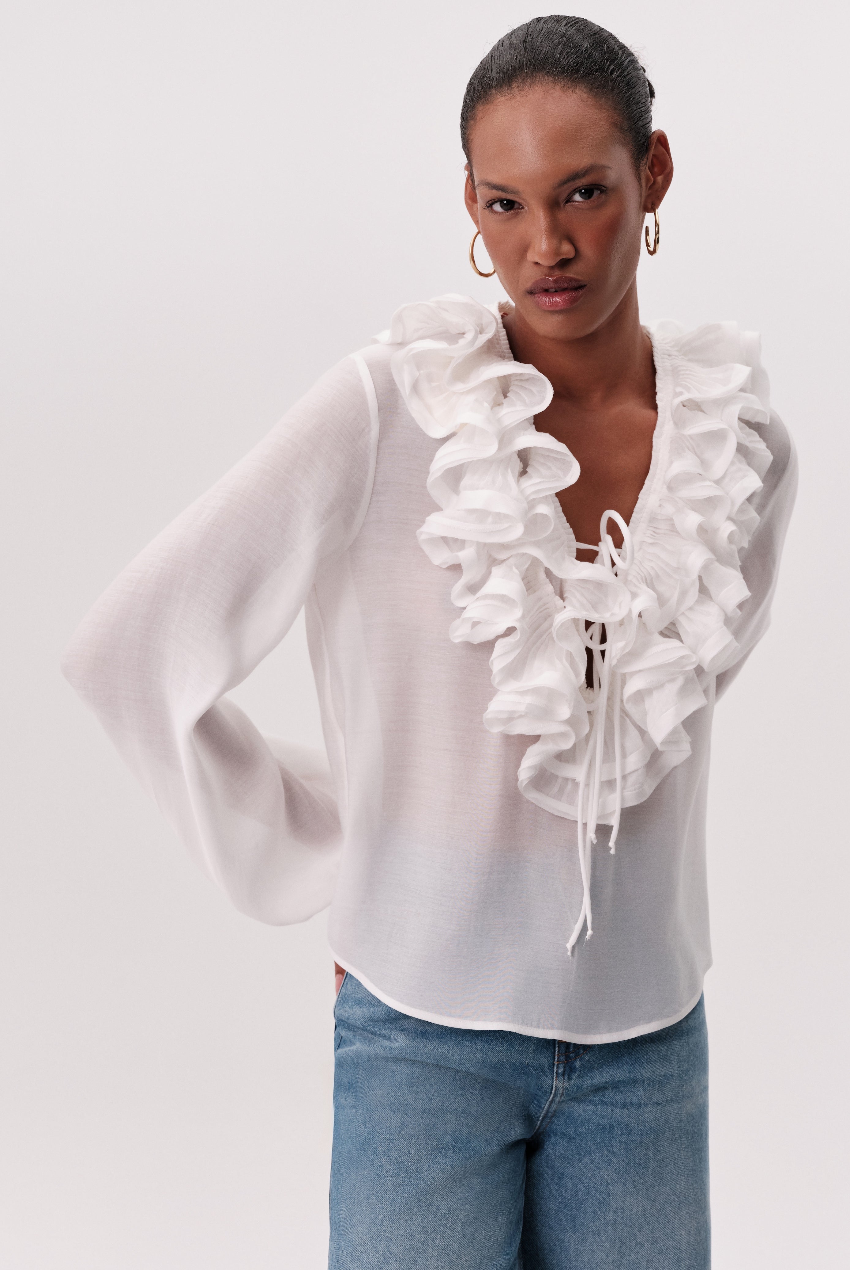 Exquise Keely white frill neckline blouse detail