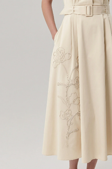 Exquise cream embroidered shirt dress with pleated skirt