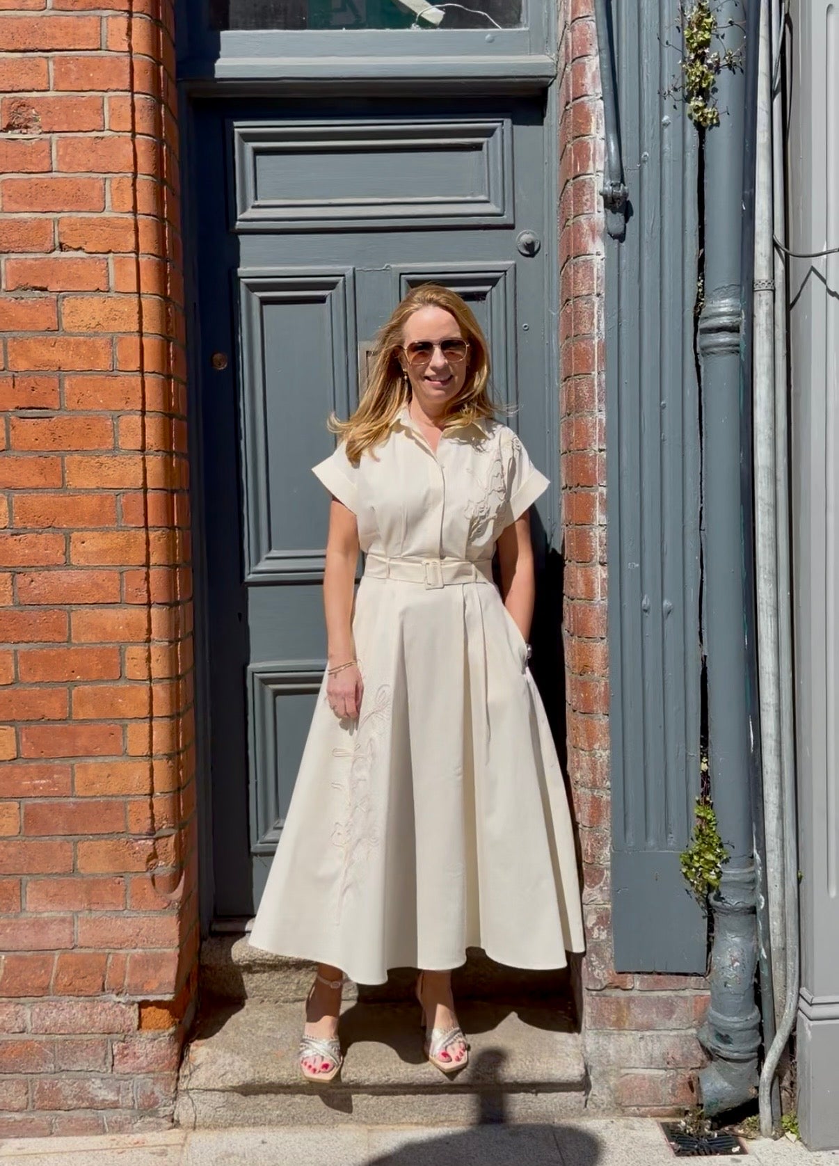 Exquise Kelsie cream embroidered midi shirt dress front view