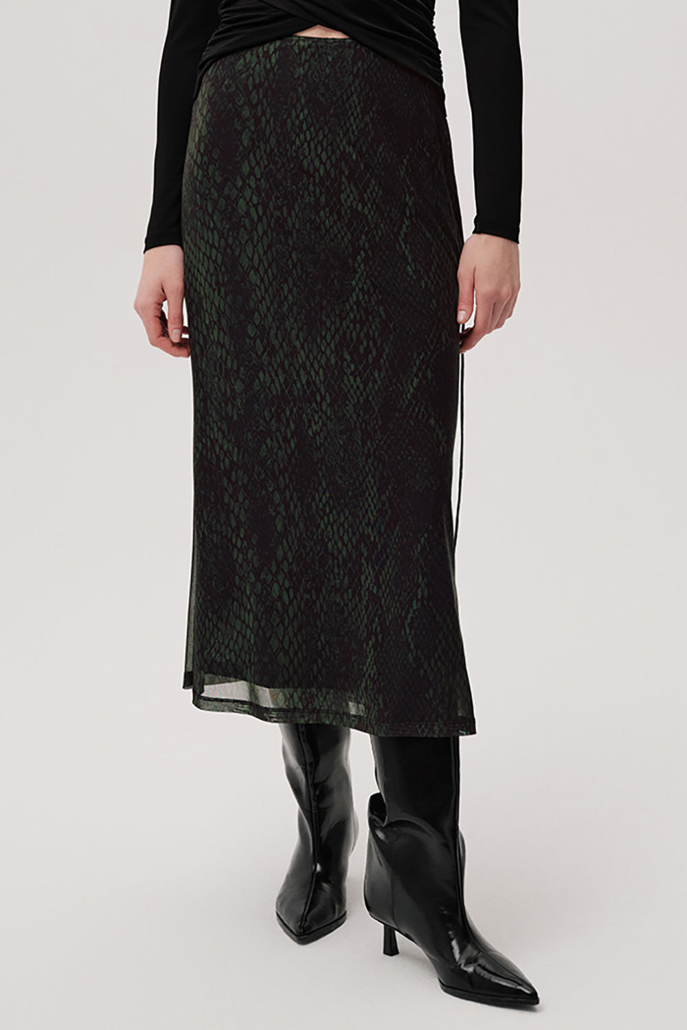 Exquise Linda K green chiffon midi skirt – front view styled with black top