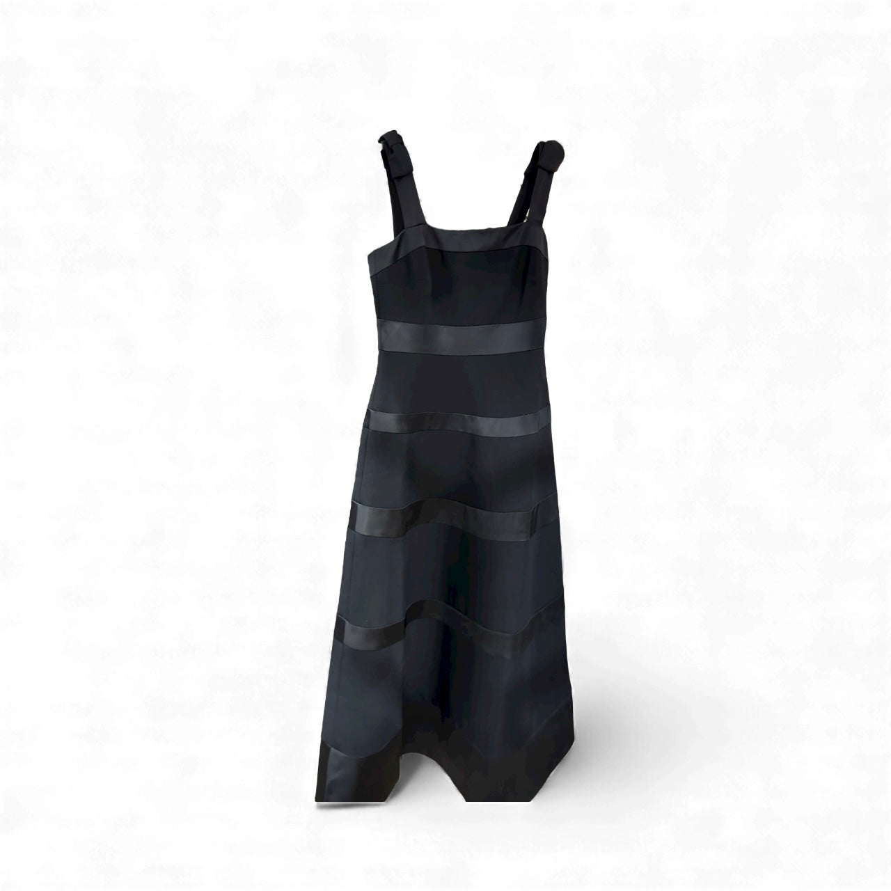 Exquise Verity Black Satin Stripe Midi Dress – front view with wide straps and asymmetric hem