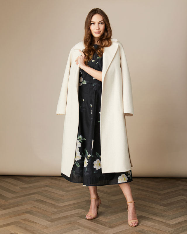 Feeg Women’s cream midi coat with self-tie waist and tailored silhouette