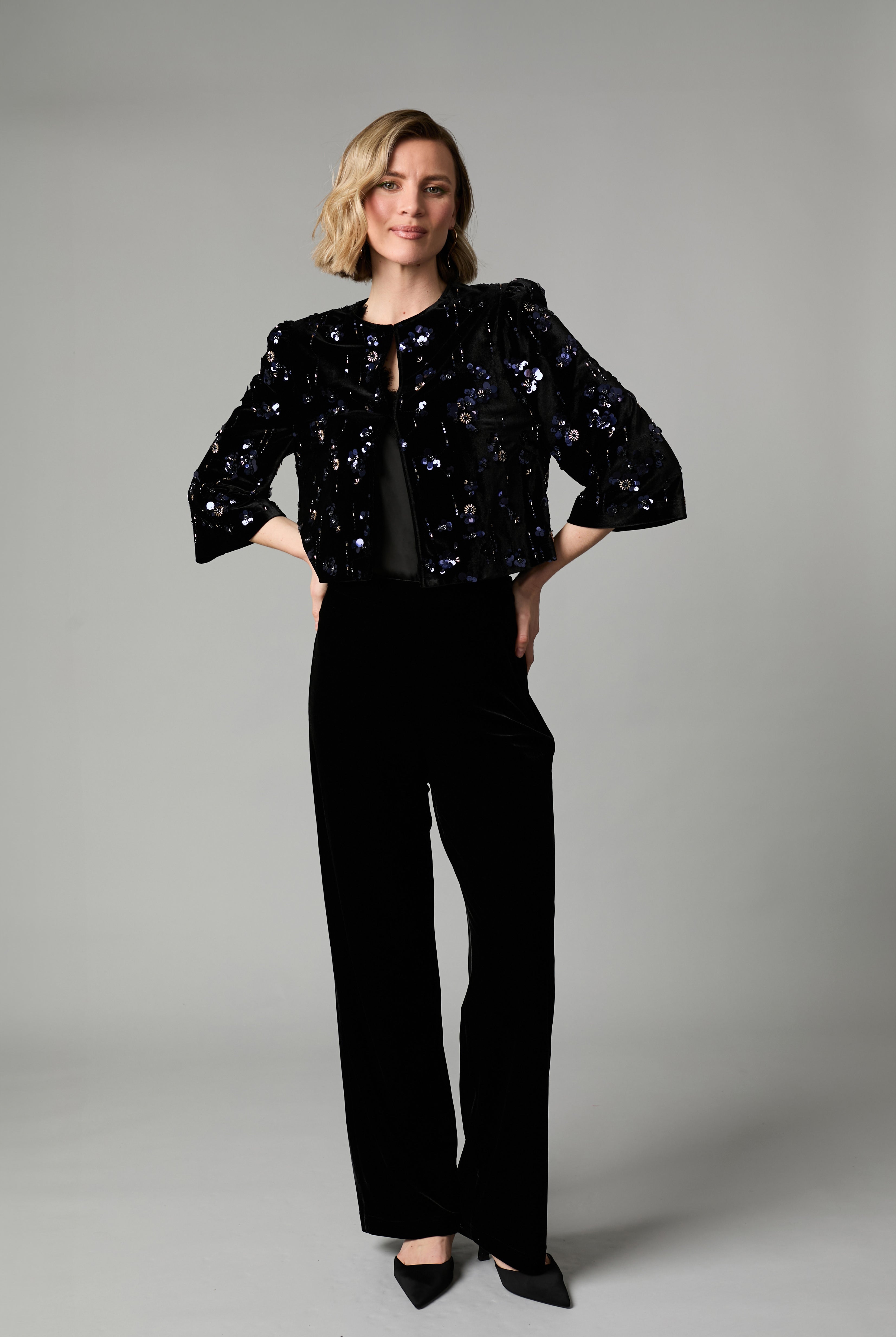 Fee G Riley black stretch velvet wide leg trousers styled with embellished jacket