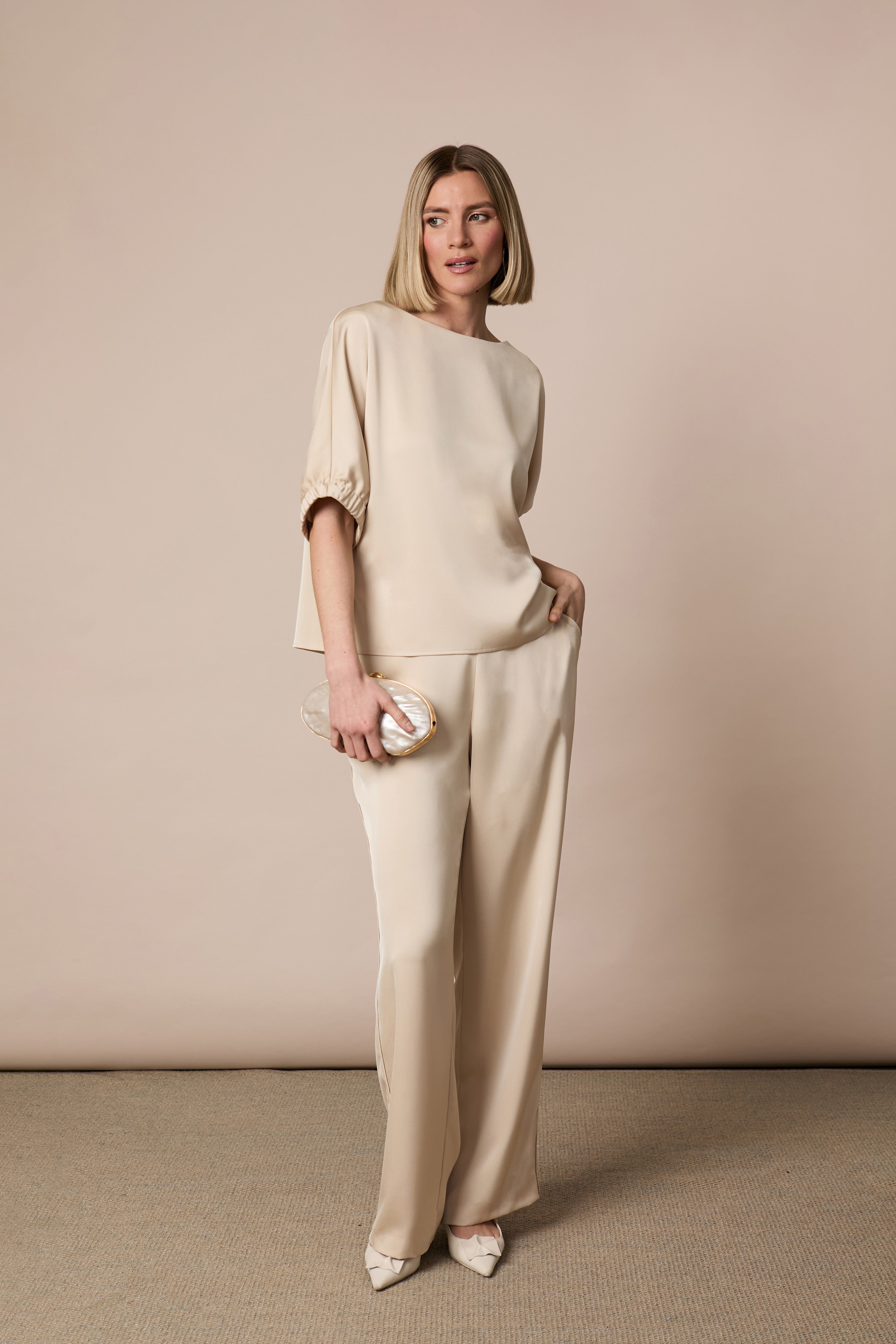 Fee G champagne satin crepe occasion trousers three-quarter view