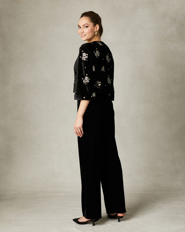 Back view of Fee G Athena black velvet jacket with bead detailing