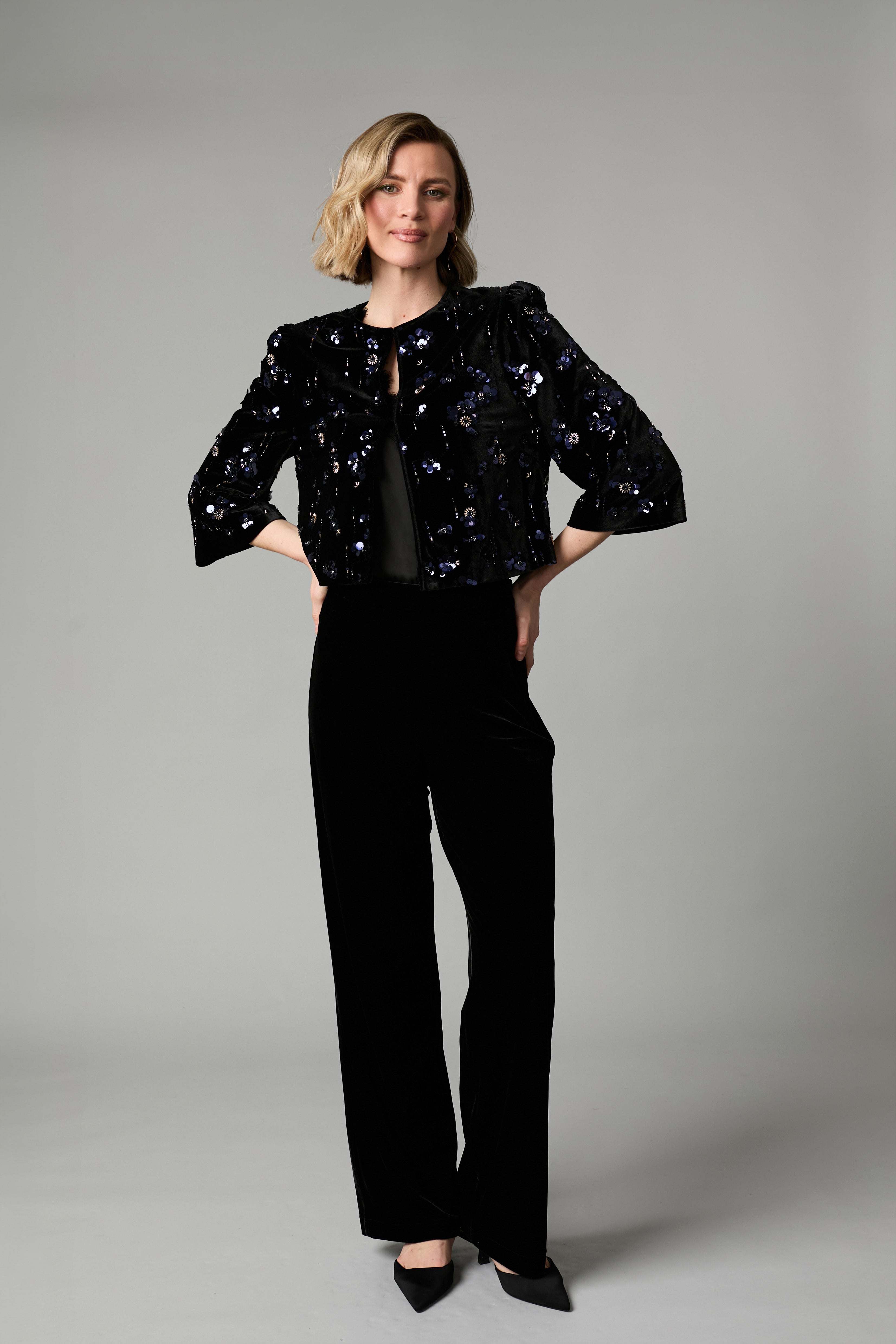 Fee G Jade black velvet sequin jacket styled with tailored black trousers