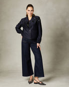 Relaxed satin twill bomber jacket by Fee G with subtle sparkle detail.