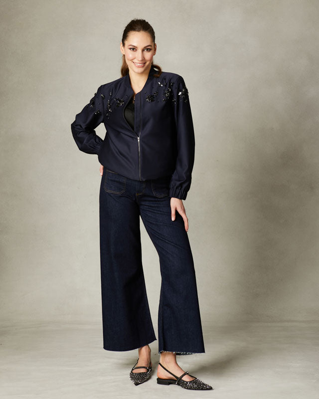 Relaxed satin twill bomber jacket by Fee G with subtle sparkle detail.