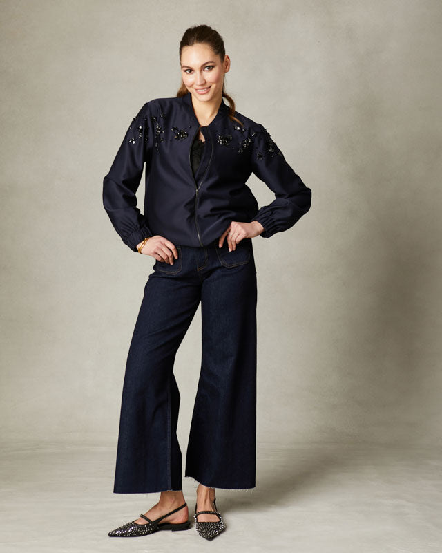 Fee G Iris navy satin bomber jacket with beaded sparkle.