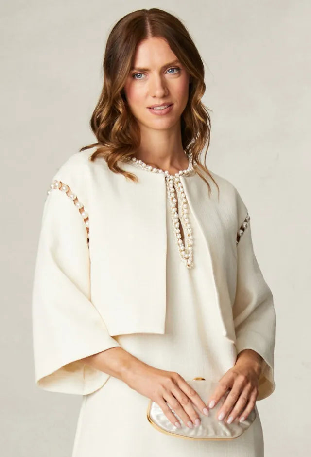 Fee G Nancy pearl sleeve jacket front view in cream