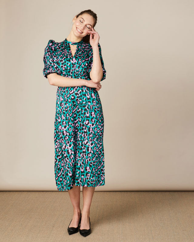 Green and pink midi dress with statement print by Fee G