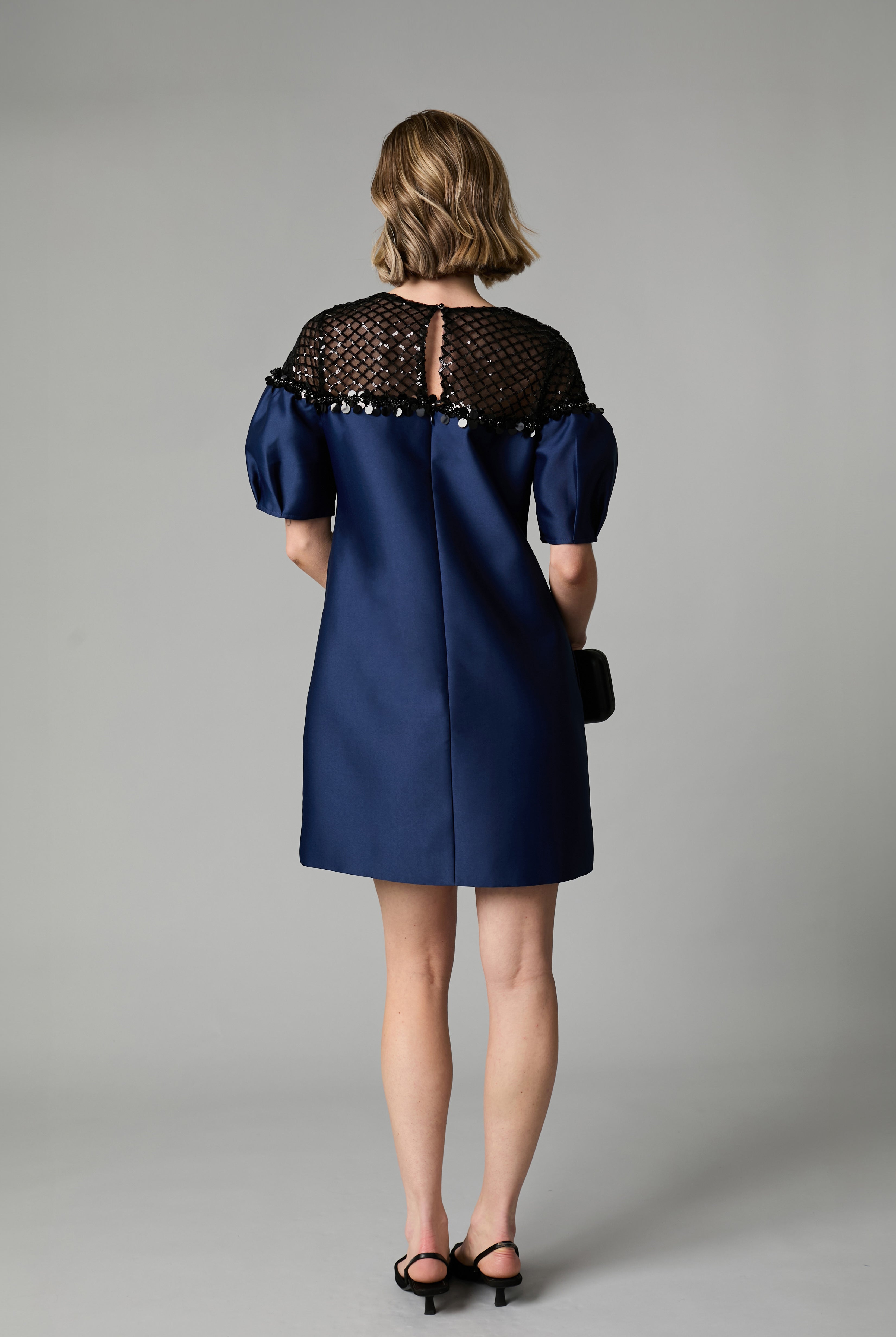 Fee G Cleo navy puff sleeve mini dress back view