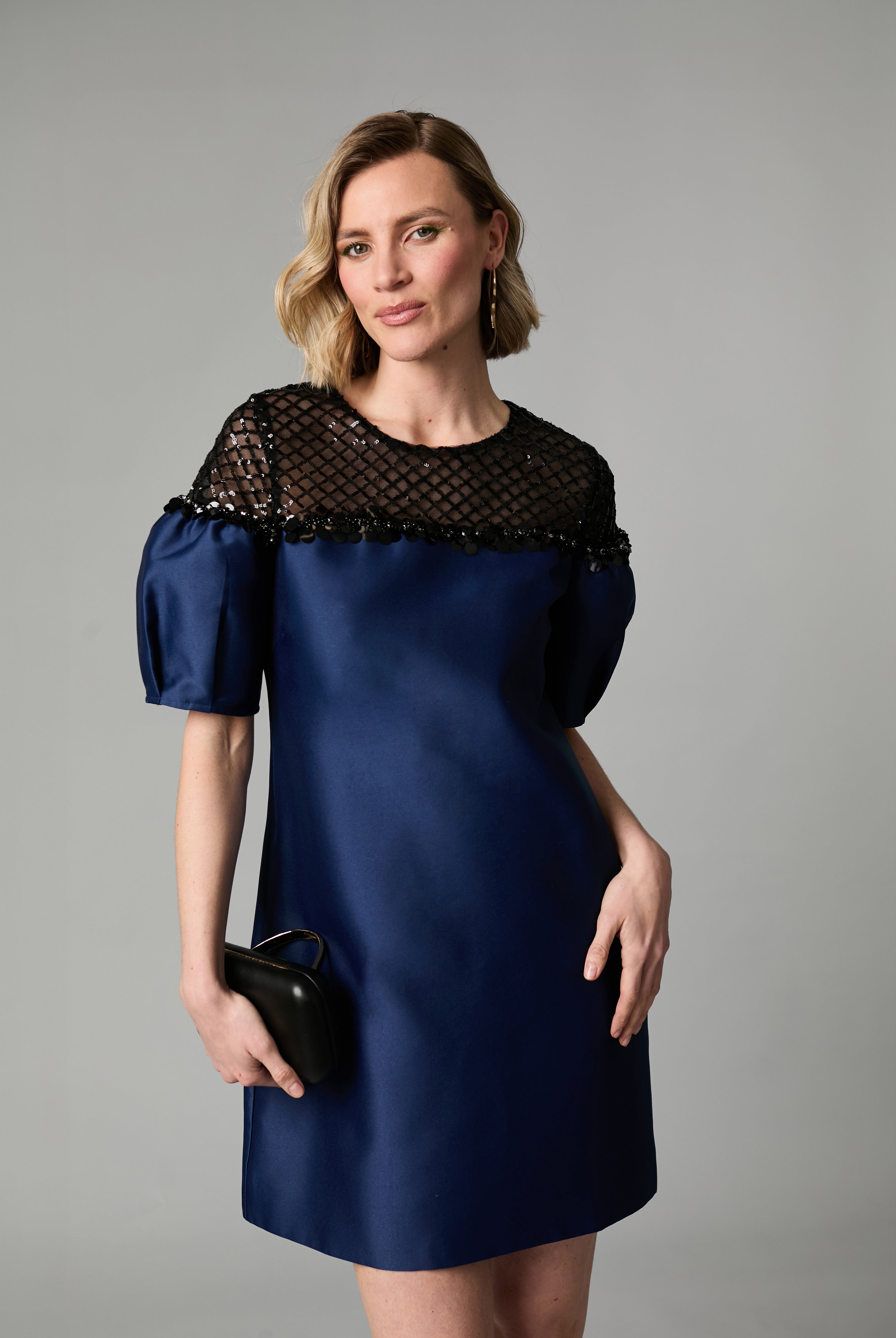 Fee G Cleo navy occasion mini dress with sheer black beaded yoke