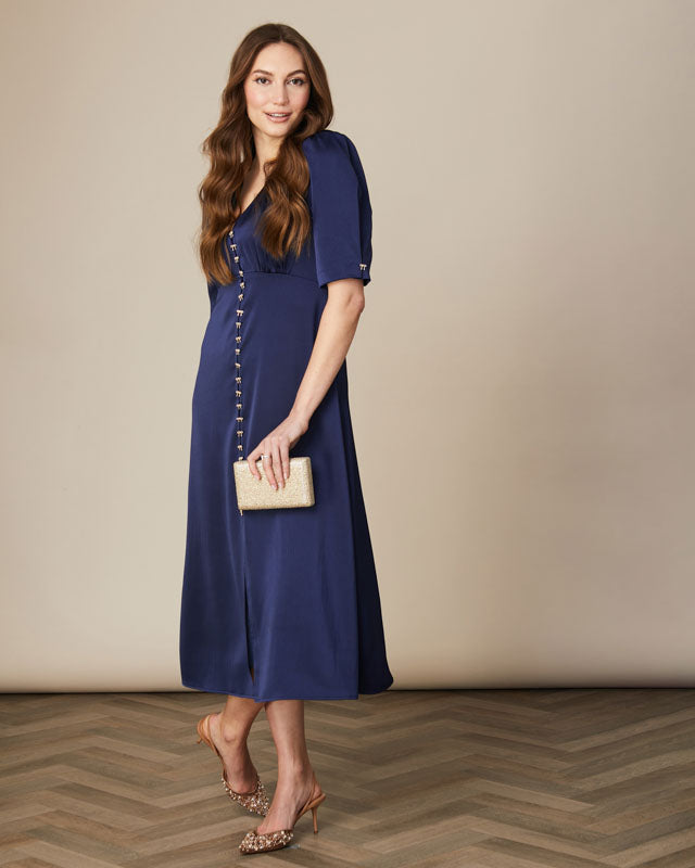 Silky Navy puff sleeve midi dress by Fee G for weddings and events