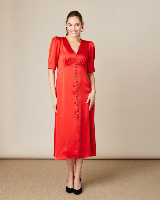 Fee G Evelyn silky red midi dress with shimmer button detail