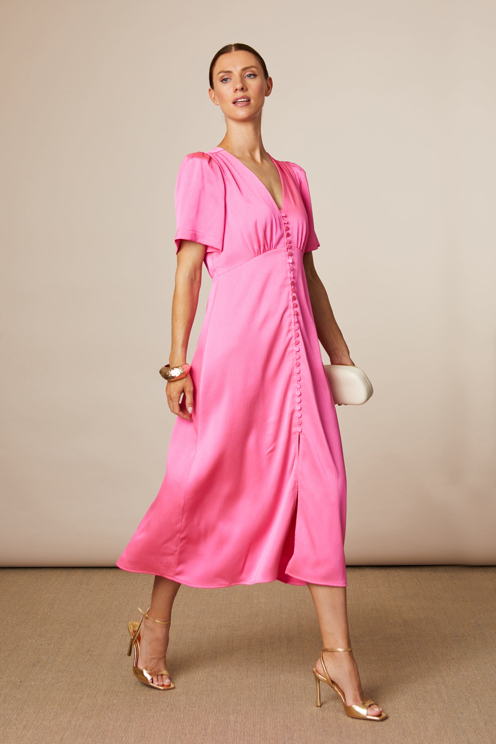 Fee G Chrissie long pink midi dress V-neck silhouette