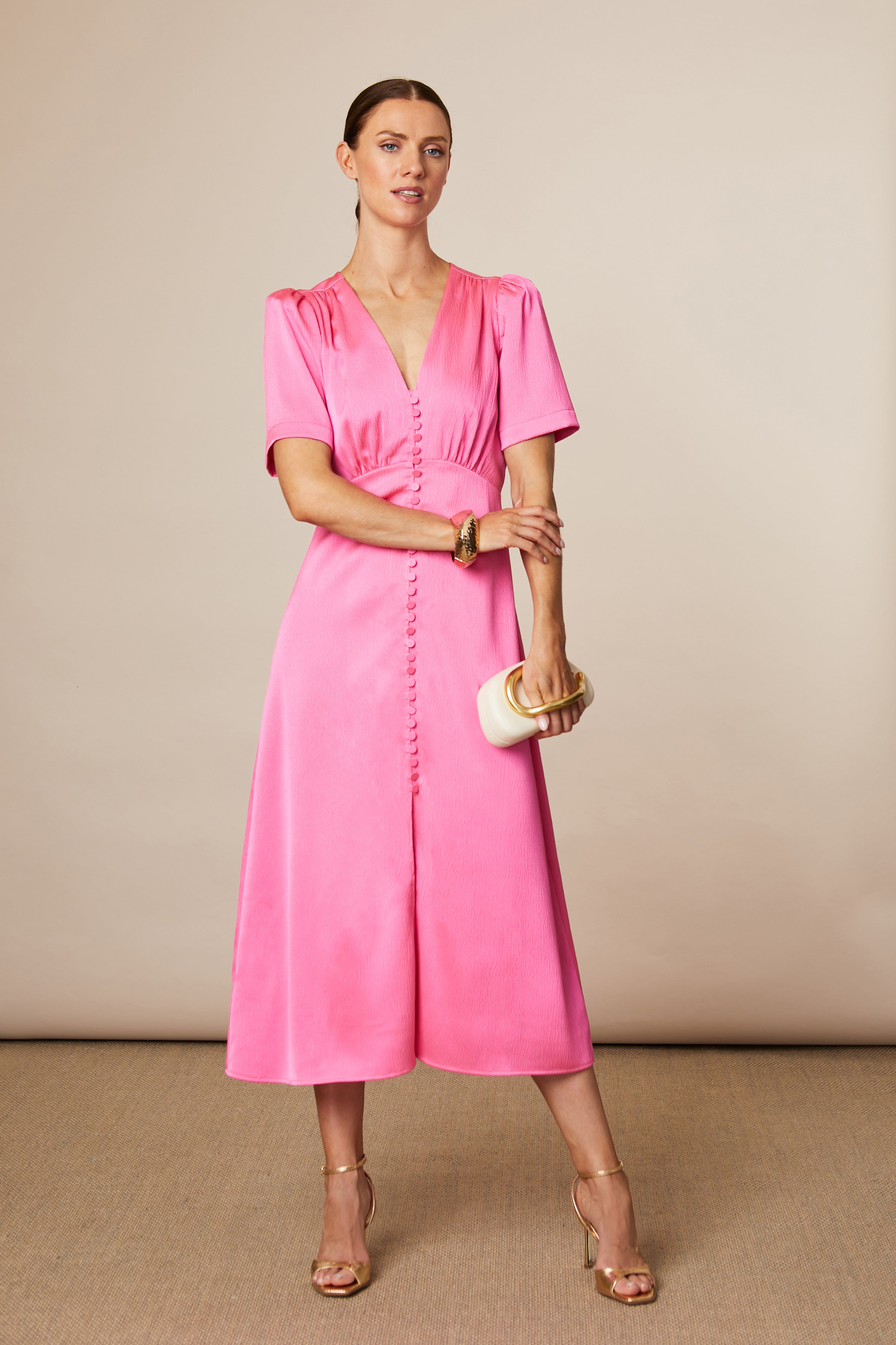 Fee G Chrissie pink button front midi dress front view