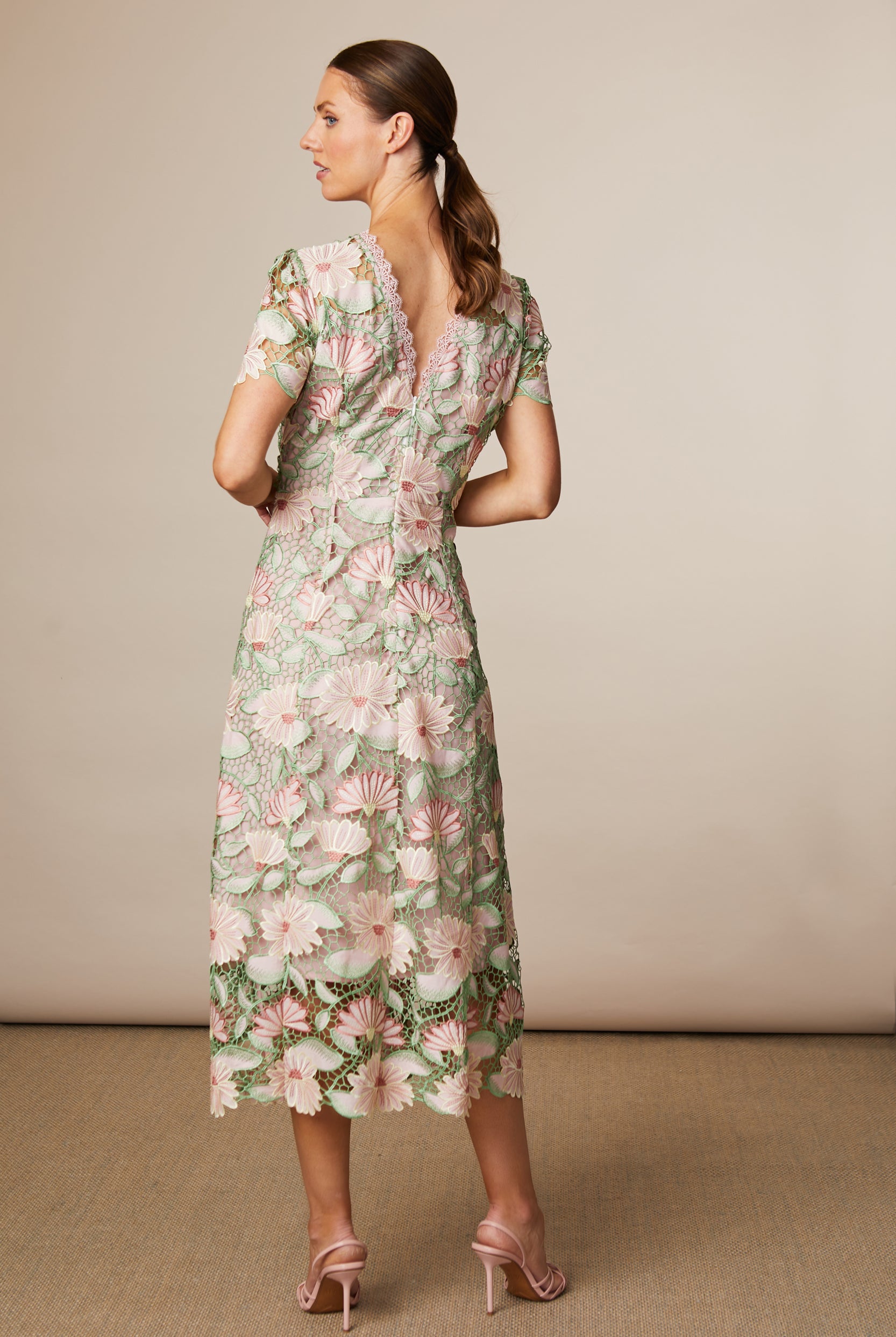 Fee G Loretta Lily Pond embroidered lace A-line midi dress back view