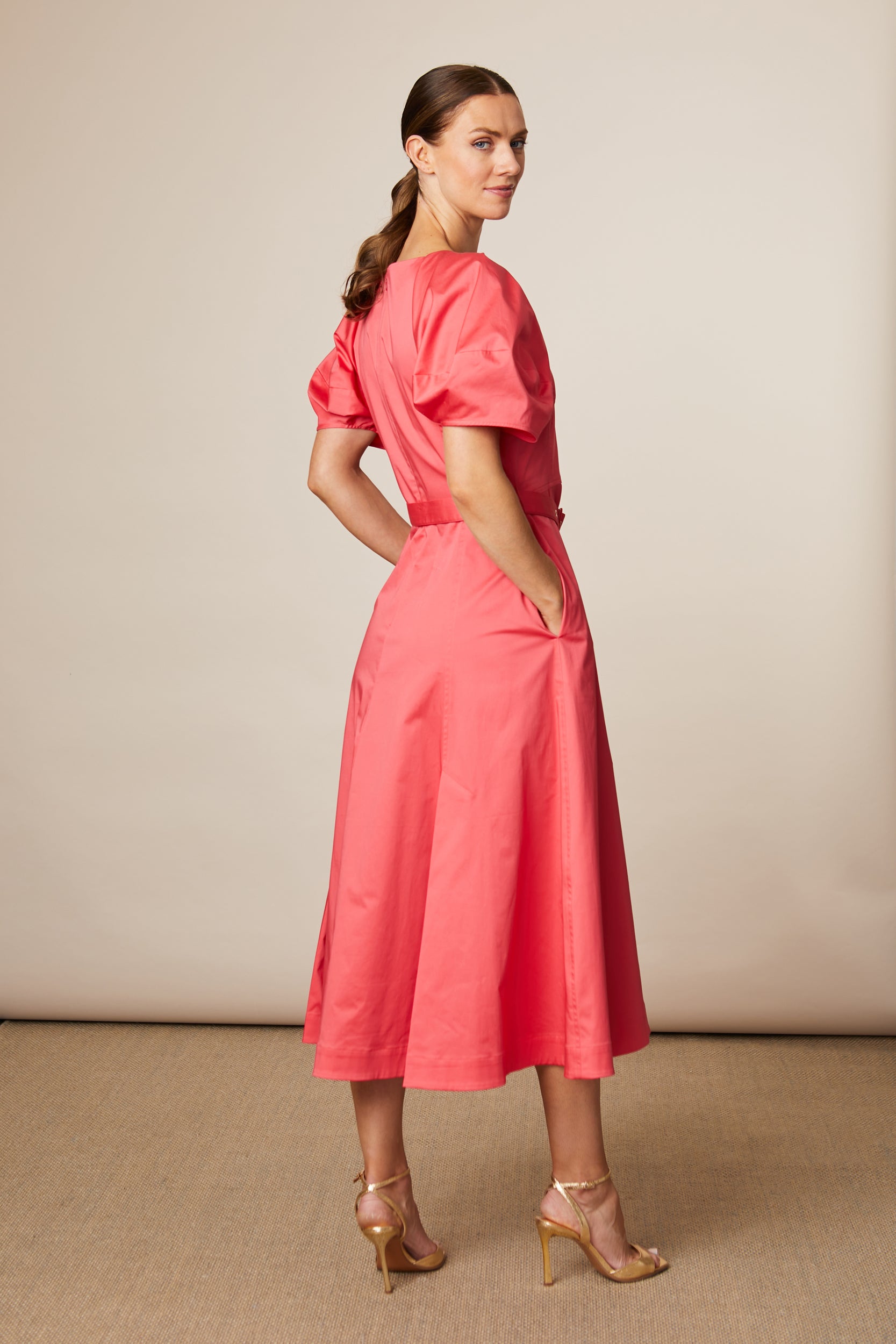 Fee G Lottie coral puff sleeve belted midi dress back view
