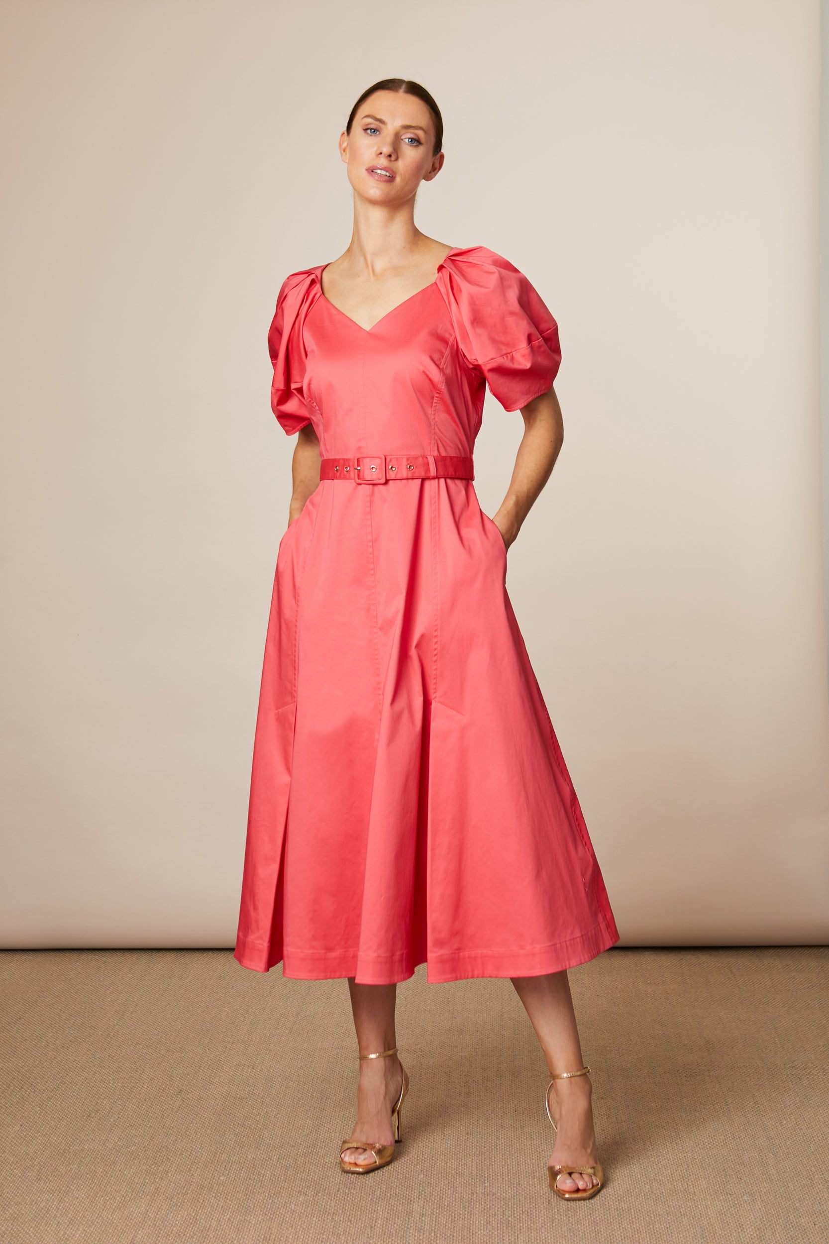 Fee G Lottie coral puff sleeve belted midi dress front view