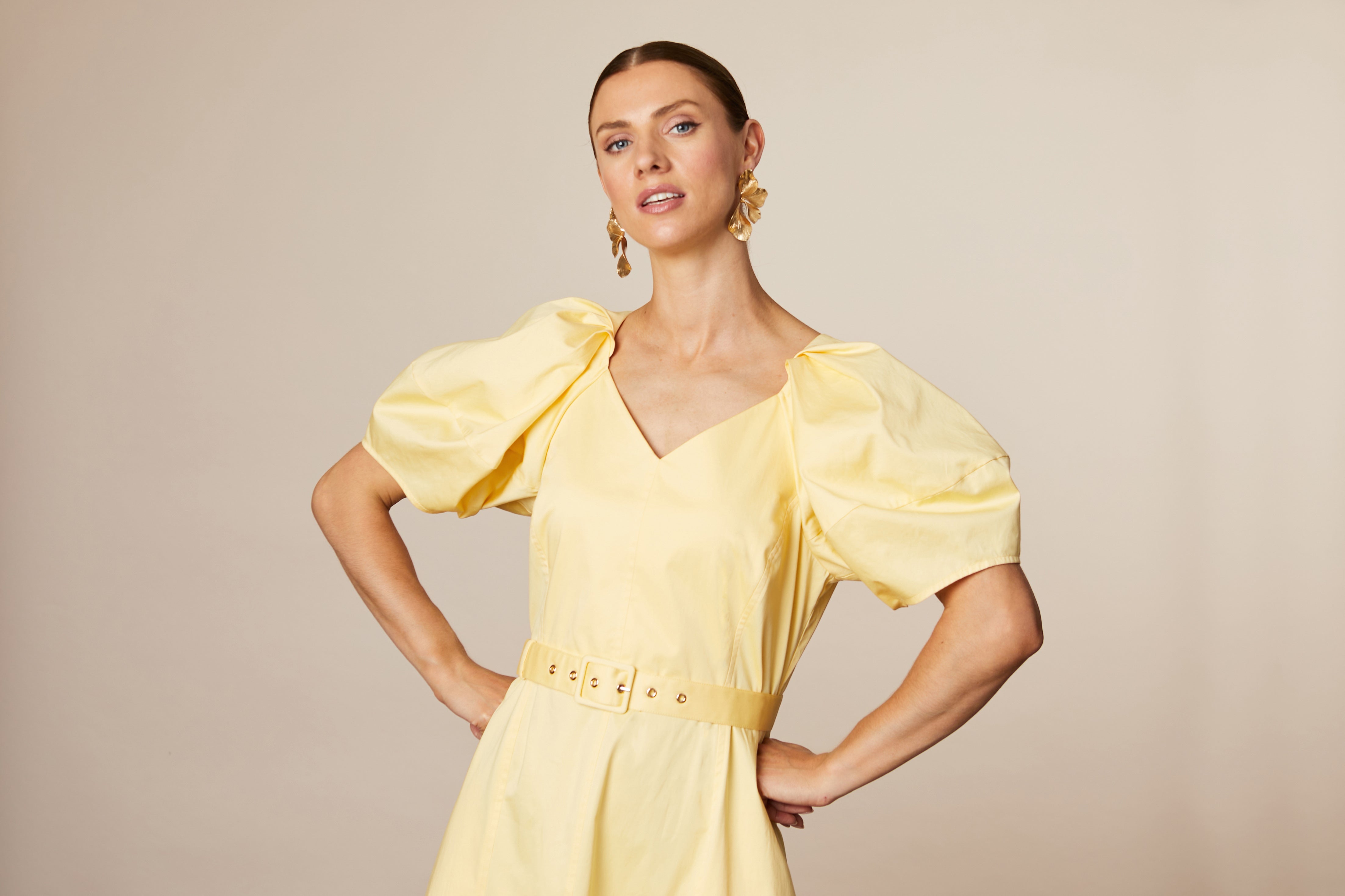 Fee G Lottie lemon puff sleeve midi dress