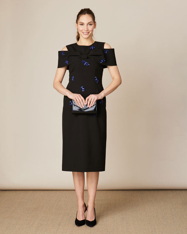 Fee G Phoebe black bow off-shoulder midi dress with sparkling beadwork.