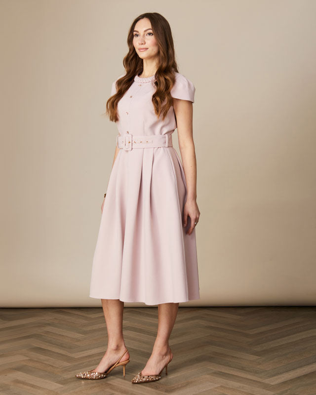 Elegant blush pink Fee G Charlotte dress with mismatched button detail.
