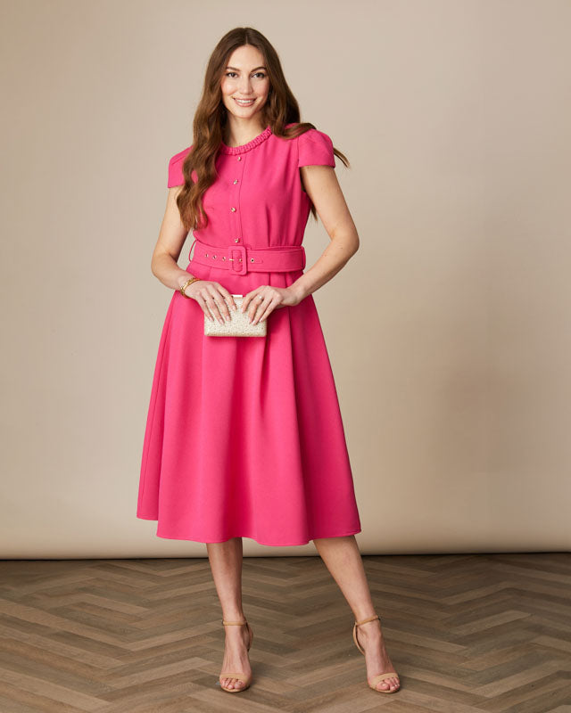 Fee G Charlotte belted A-line swing dress in vibrant pink with braided neckline.