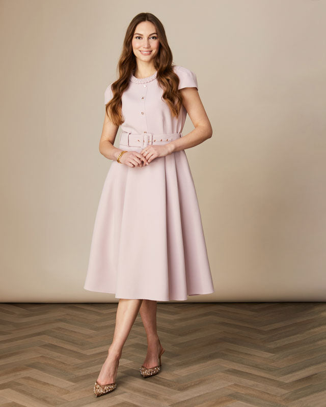 Fee G Charlotte belted A-line swing dress in soft blush with braided neckline.